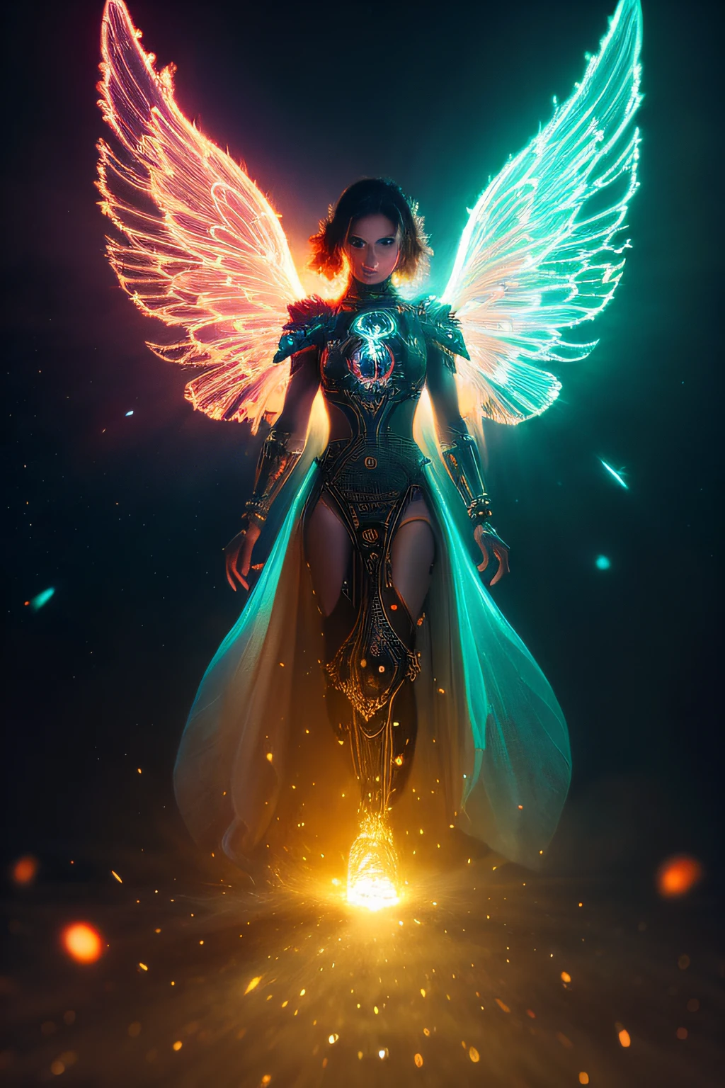 Cosmic Fallen Angel, glowing light eyes, Biomechanical, eerie, Creepy, nightmarish, Very bright colors, Light particles, with light glowing, Mshiff, wallpaper art, UHD wallpaper, anakil skywalker, 15 years, medieval clothes