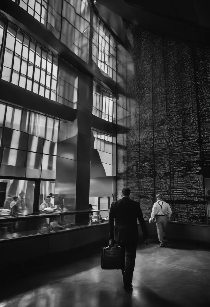Shows black-and-white images of concerned employees, Looking at discouraging financial charts. Os rostos deles expressam ansiedade e incerteza