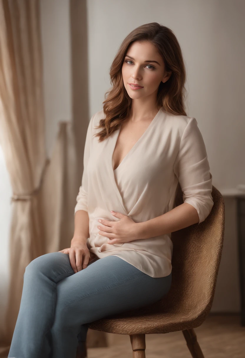 femme enceinte en (tenue de travail)，Normal Beauty, (cheveux longs), (Fulfilled Expression)，Fond de bureau, (assise sur une chaise), (in front of a screen),golden hour lighting, blurred background, couleurs riches, finedetail, Hyperrealistic, Relaxed atmosphere. flou naturel