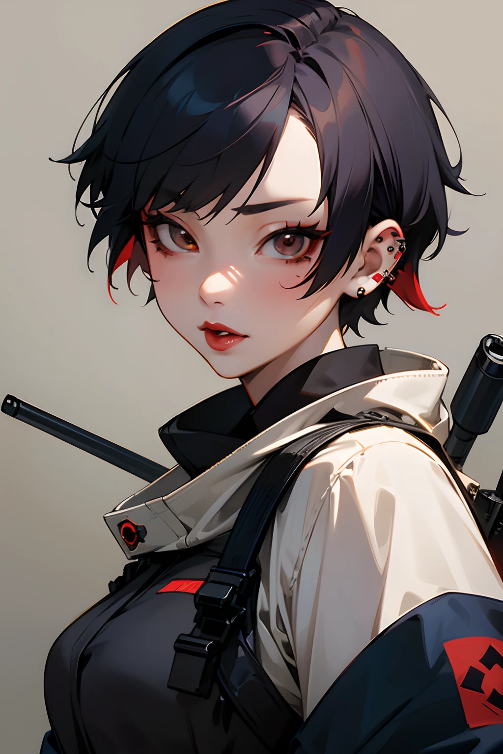 Japanese anime girl with piercings short-hair red lipsticks Cool face With a sniper Background Battlefield