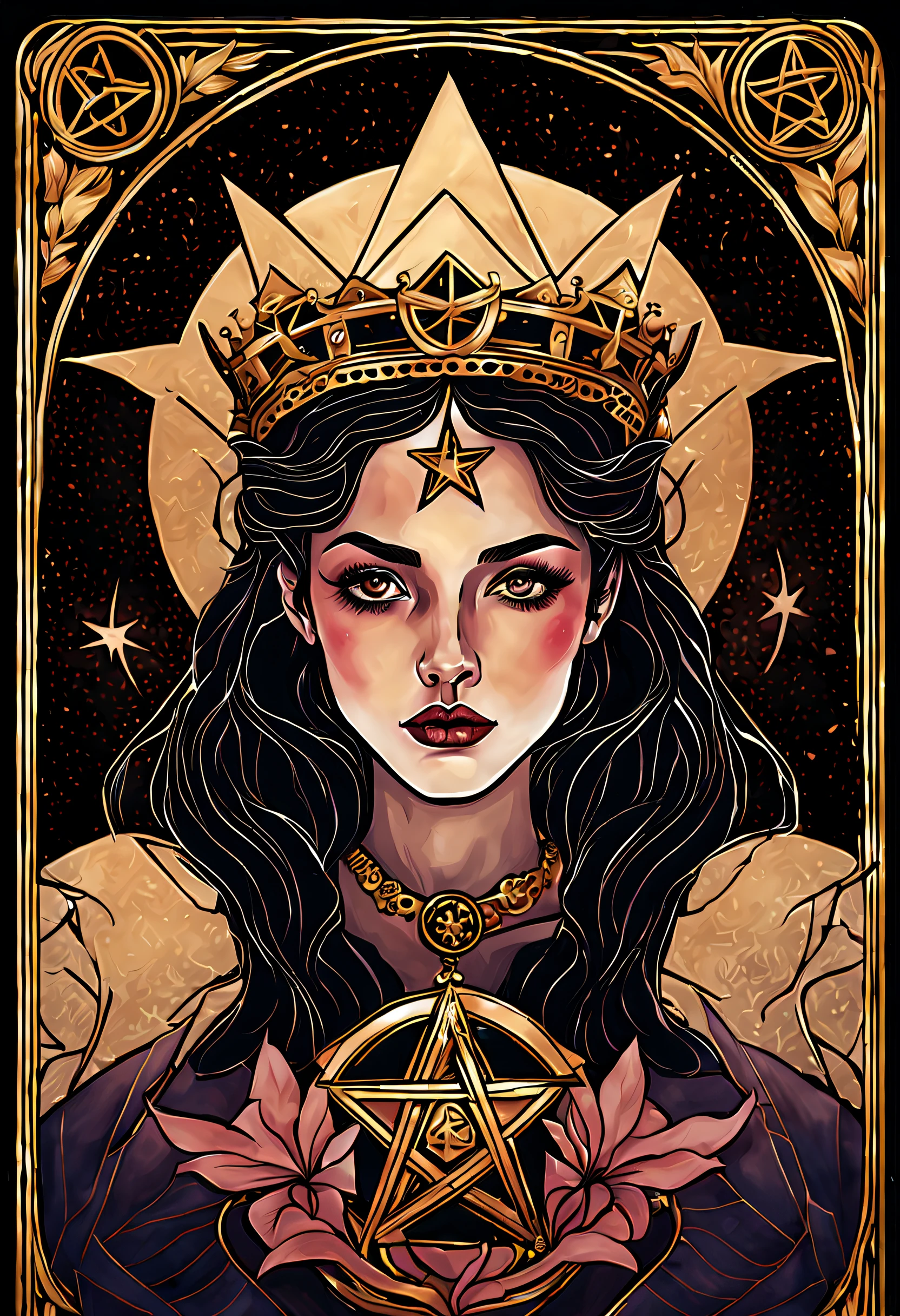 tarot card, chiaroscuro technique on sensual illustration of an queen of pentacle, vintage queen, earthy eerie, matte painting, by Hannah Dale, by Harumi Hironaka, extremely soft colors, hint of gold vibrant, highly detailed, digital artwork, high contrast, dramatic, refined, tonal, highest quality,anatomy correct,ultra-wide-angle,depth of fields. Holding the pentacles