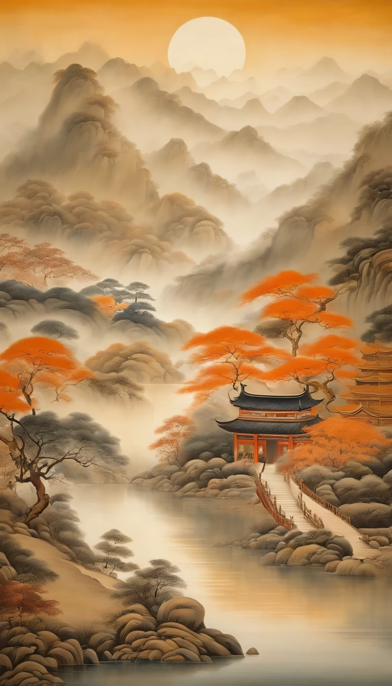 An idyllic Chinese mural, Light orange and light gray style, Layered landscape, japanese style art, monumental murals, Ricoh FF-9D, Golden Age aesthetics, Exotic landscape