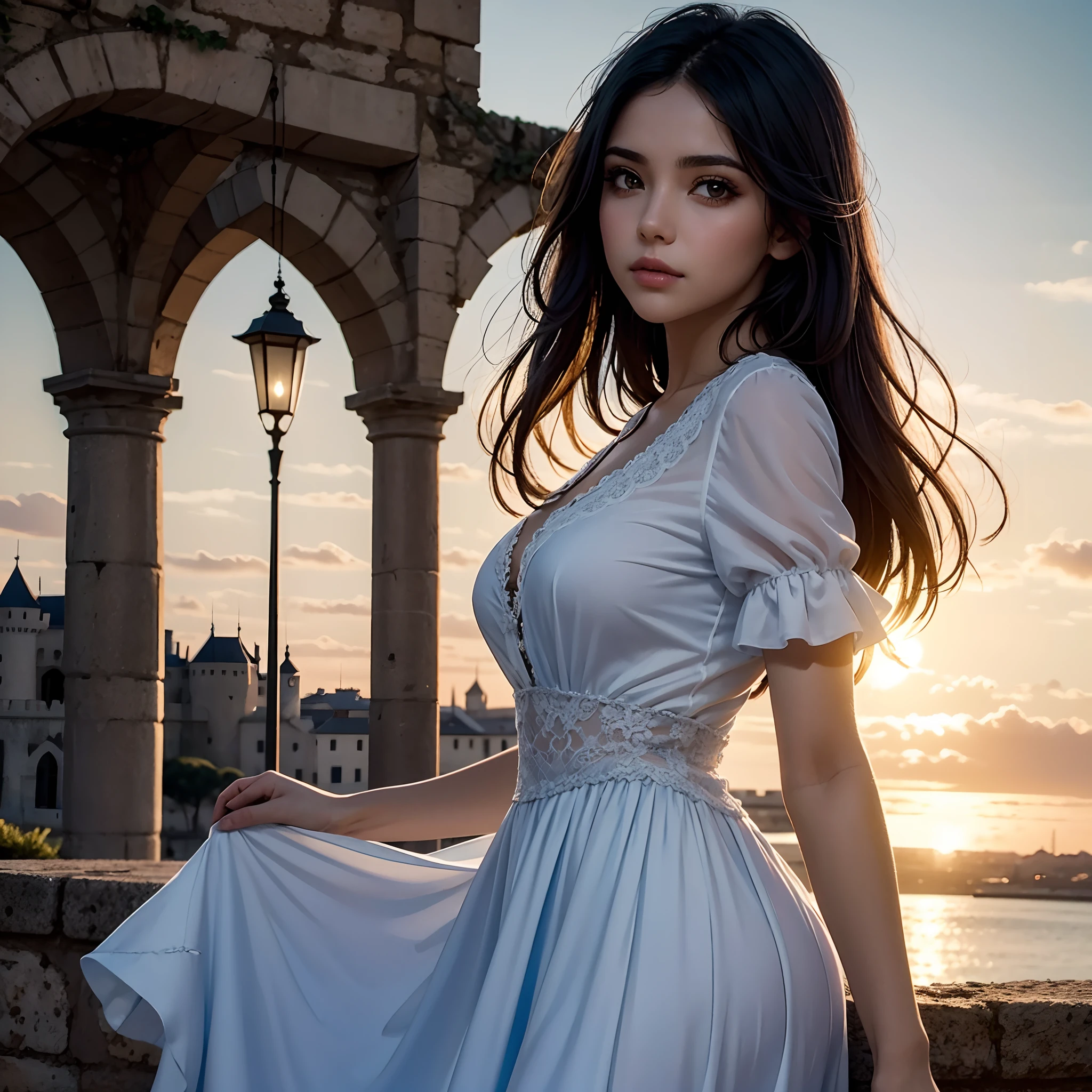Uma bela donzela com longos cabelos loiros e um vestido azul, apoiando-se no peitoril da janela de seu castelo, Looking at the sunset sky with longing in my eyes, esperando que seu amante volte da guerra, Romantic Painting Style, cores suaves, Realistic details, vestido com detalhe sensual