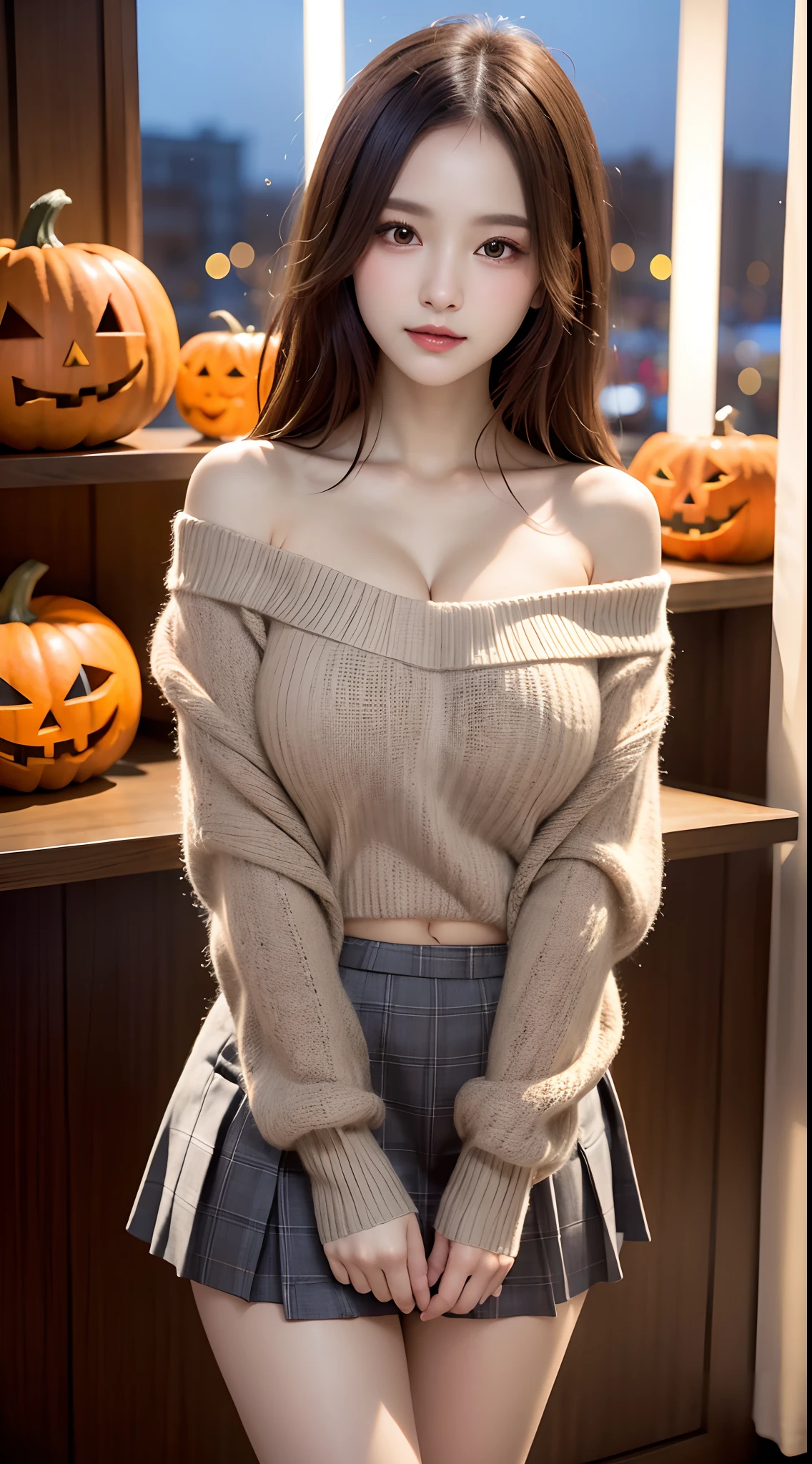 1 beautiful young girl, Super beautiful detailed face, shyly smile, medium breasts, Deep cleavage), (off-the-shoulder sweater, Oversized sweater:1.3), (Skirt lift), (skirt lift by yourself), (Flip up the skirt), (Grey Tartan Check Pleated Skirt Lift Yourself), (Lace panties, Show panties), (wind lift), Skirt blowing in the wind, lift up one's skirt, Semi-long hair, (Fine face:1.2), High quality, Realistic, extremely detailed CG unified 8k wallpaper, Highly detailed, High-definition raw color photos, Professional Photography, Realistic portrait, Cinematic Light, Beautiful detailed, Super Detail, high details, (((Bokeh))), depth of fields, illumination, Neon Street, Super stylish lighting, halloween night, Pumpkin Lantern