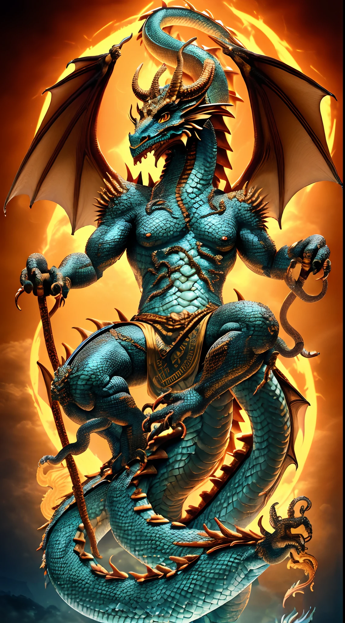 A mythological hybrid God, it is a scaly animal with hind legs resembling the talons of an eagle, lion-like forelimbs, a long neck and tail, two horns on its head, a snake-like tongue, and a crest. The mušḫuššu most famously appears on the Ishtar Gate of the city of Babylon, ((dragonish God)), ((humanoid dragon god)), god rays, masterpiece, accurate, super detail, high quality, best quality, 16k, 1god