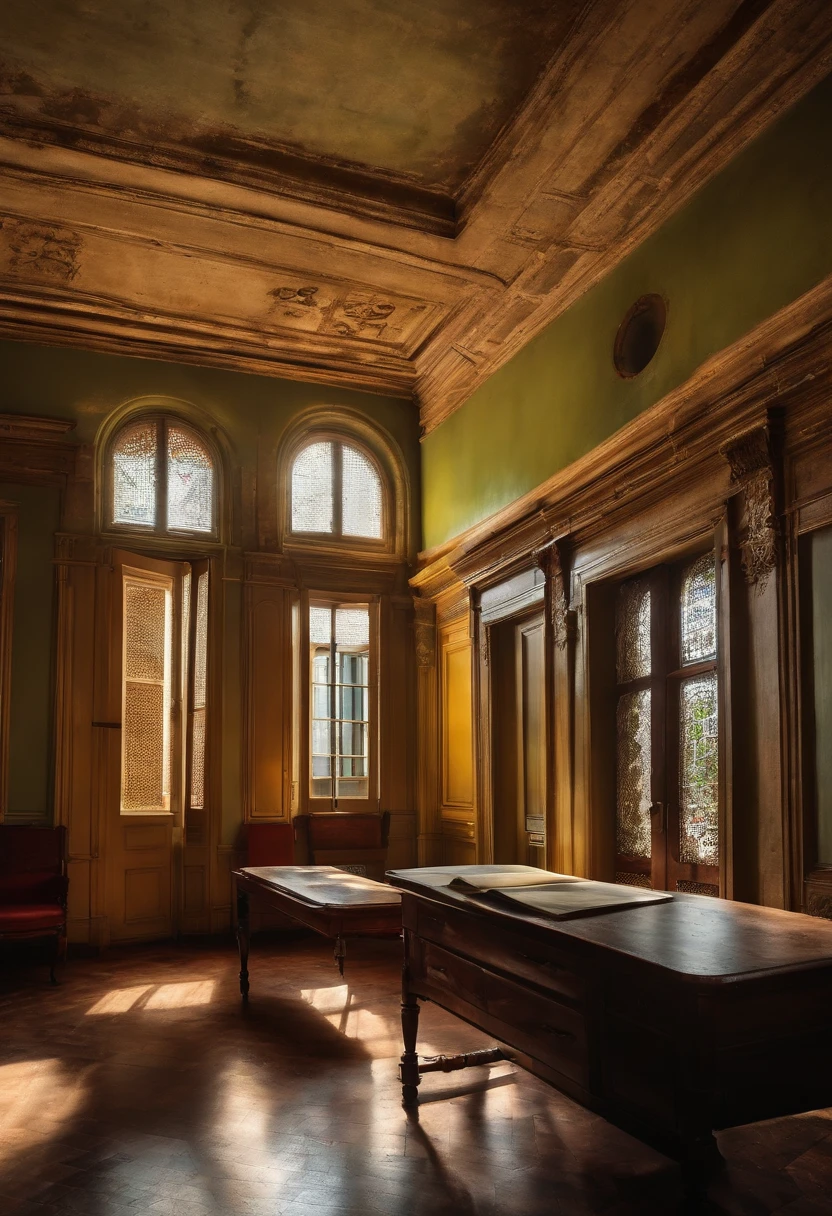 corredores vazios da antiga sede da empresa, with closed office doors and an atmosphere of abandonment