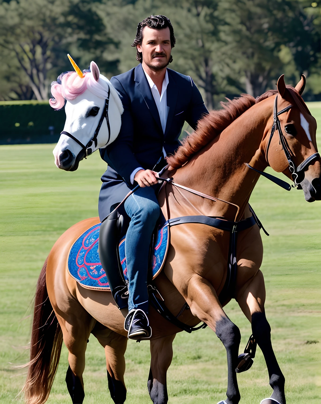 Pedro Pascal riding a unicorn