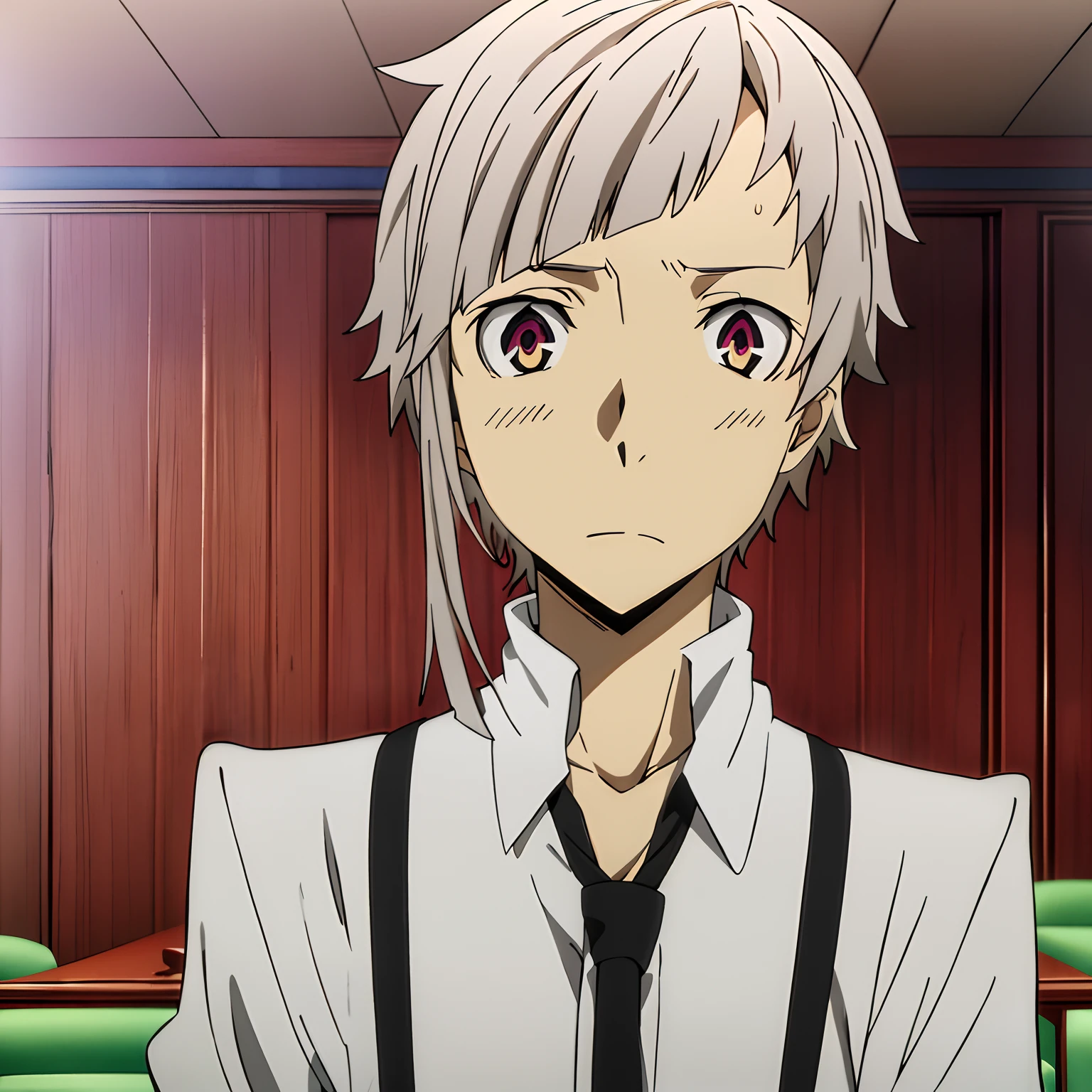 masutepiece, Best Quality, 超A high resolution, top-quality, Anime style, Atsushi Nakajima, One Man, White hair, suspenders, Black tie