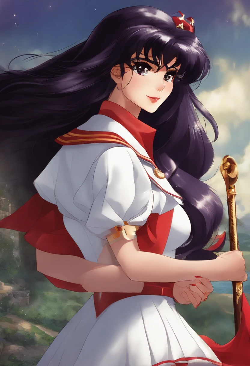 Sailor Mars is tall with long black hair, por debaixo dele ela usa uma tira dourada com uma pedra vermelha dentro ao centro da tiara, ela usa um par de brincos de cor vermelha, A kind of red necklace around your neck, and his Sailor uniform in the standard colors in red, white and purple and on her feet she wears two high heels in red color.