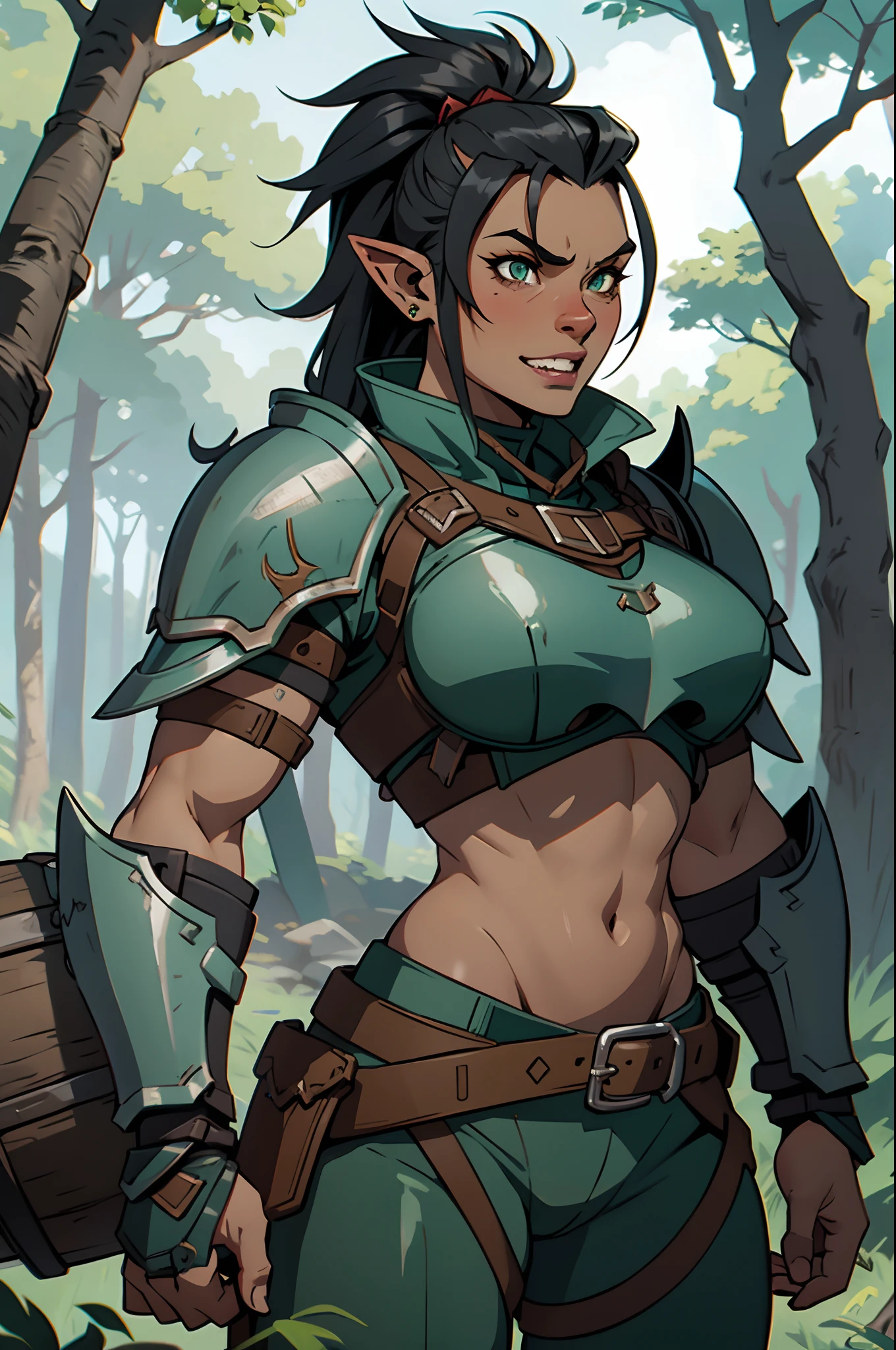 Solo, orc, girl, standing, black hair, muscular, tusks, mohawk, underbite, forest,, underboob, teeth, teal armor, steel armor, chestpiece, knight