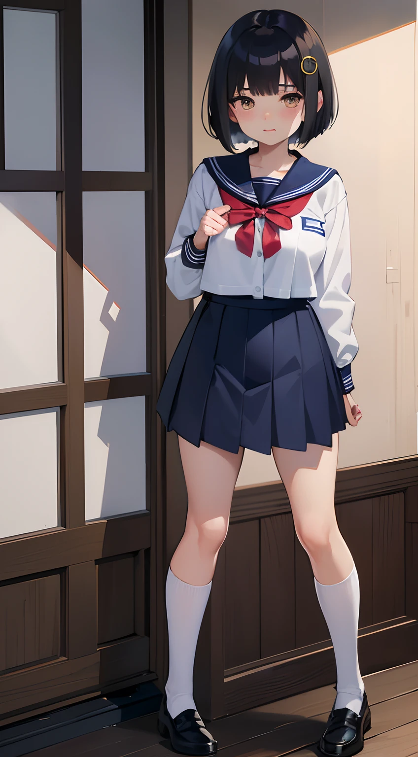 (anime style), (blushed face), (1 girl), (1 girl), (solo), cute face, brown eyes, black hair, bob haircut, japanese teen, (navy blue sailor uniform: 2.1), (navy blue clothes: 2), (navy blue), crimson ribbon on the breast, long-sleeved uniform, (navy blue long skirt), ((white socks)), full body, white wall background, best quality, masterpiece, 4k, 8k