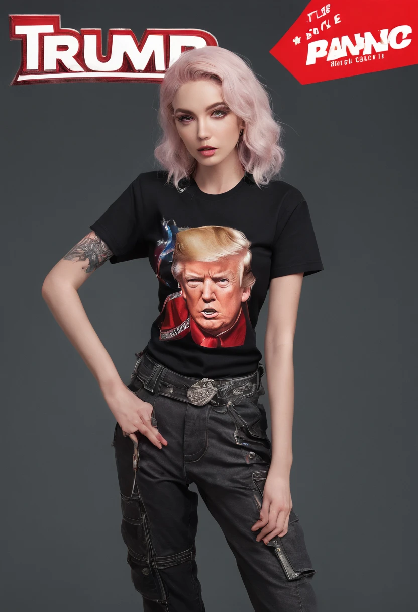 (best quality,4k,highres,masterpiece:1.2),ultra-detailed,realistic,photorealistic:1.37,donald trump,band,metal t-shirt,cargo pants,vans,be vocalist,pop punk band