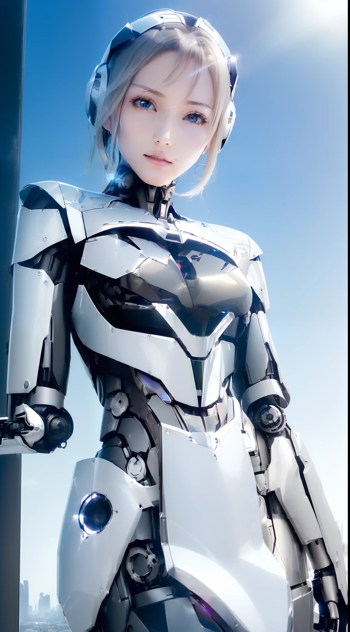 ((masutepiece)), ((top-quality), high quarity、ultra-definition, (Realistic),  ((well proportioned face))、fulcolor 、(scientific fiction)、(独奏)、Beautiful robot woman、Combat Robots、((Perfect robot joint)、(((Electronic substrate)))、(((machine components)))、White porcelain mechanical armor、(Oval curvaceous face)、(almond shape eyes)、thin mouth、deadpan、((Perfectly shaped machine hand))、(Outside the city)、Perfect robot legs