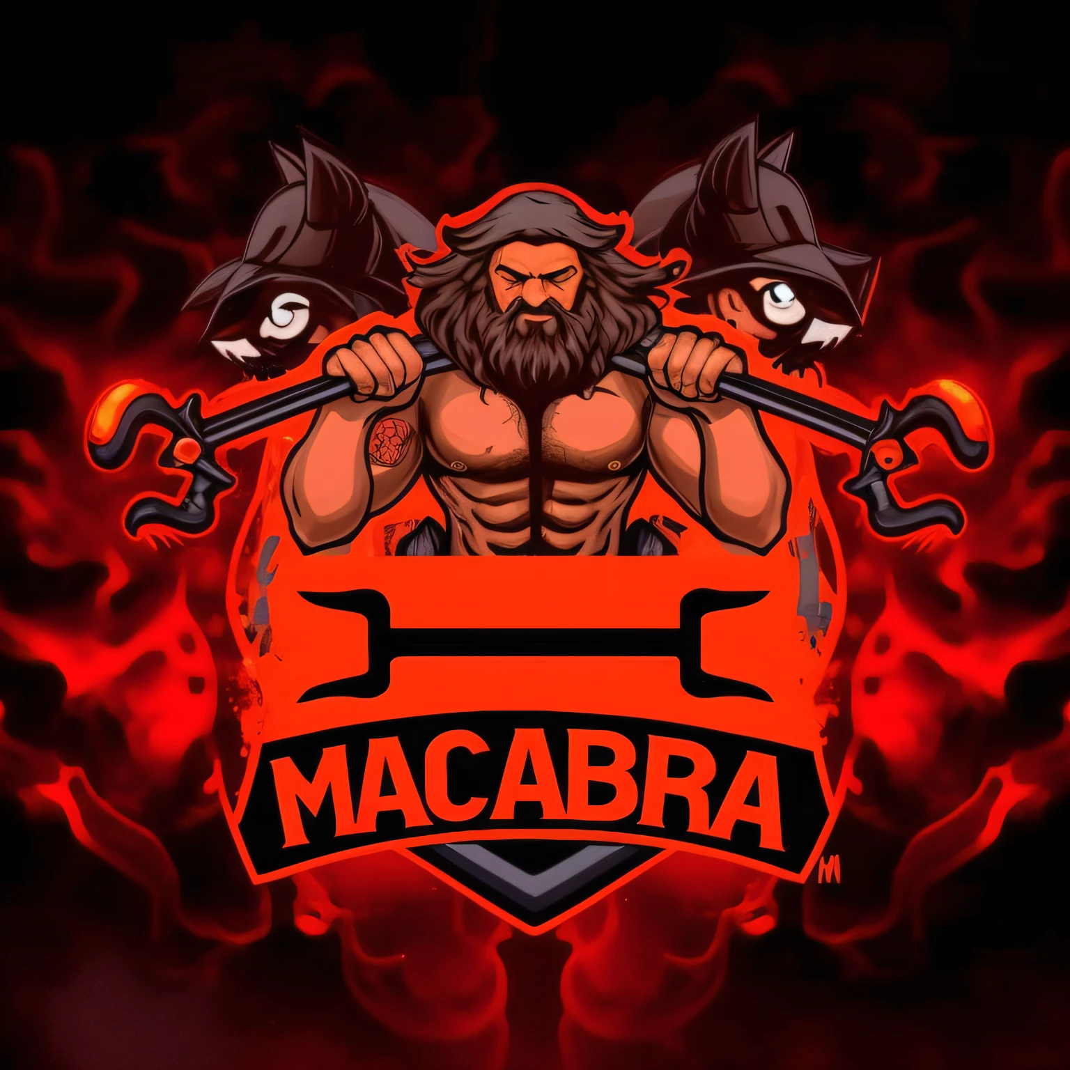 A man with a beard and hammer in his hand holds a sign that reads MacAbra, Directed by: Maximilian Cercha, magma, Directed by: Chica Macnab, Naga-Tirr, Mack Sztaba, macabro, wallpaper mobile, wallpaper mobile, Macabro W- 768, papel de parede do pc, Machima Fundido, papel de parede do telefone, screensaver