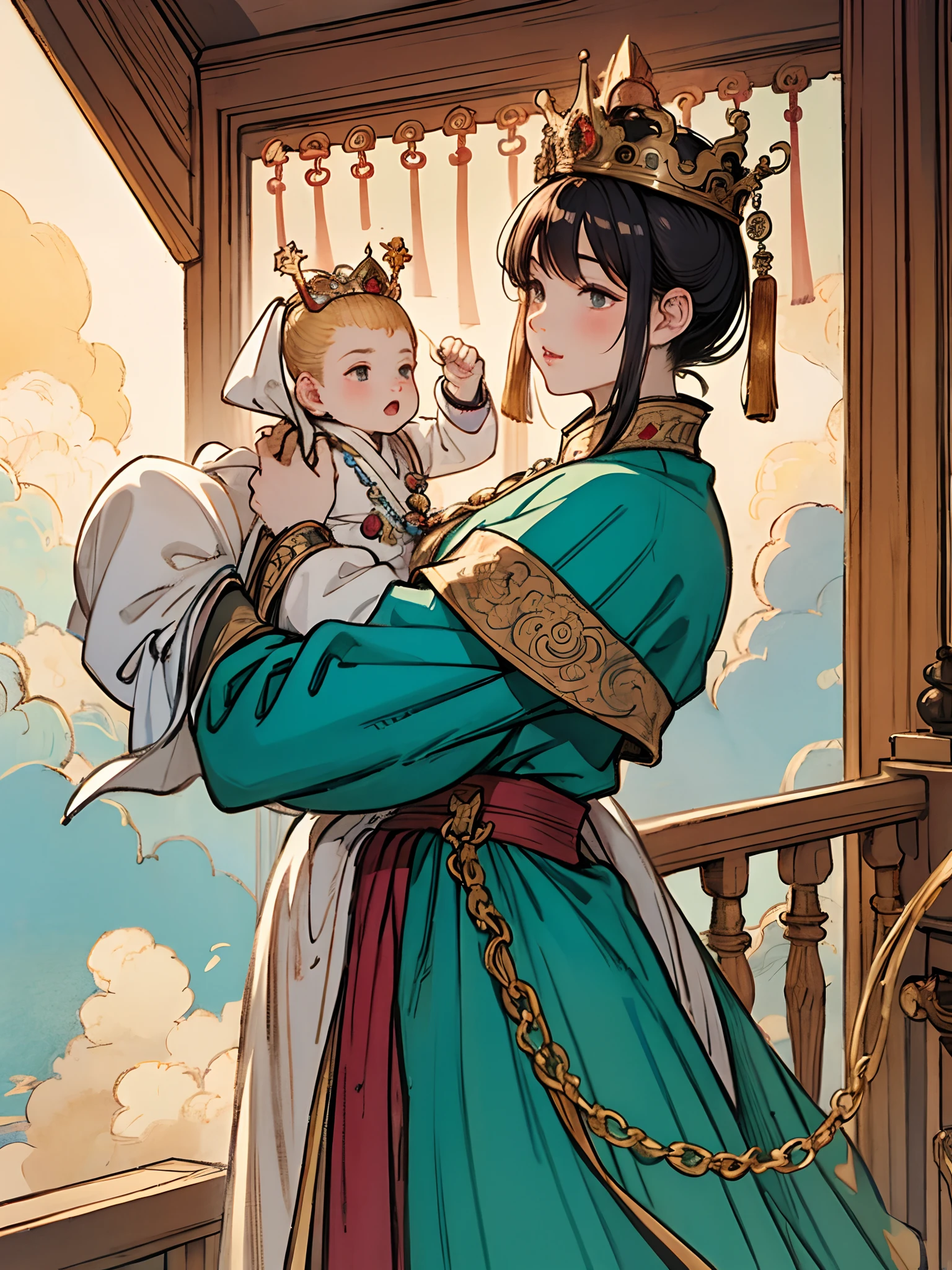 The beautiful 16-year-old Chinese queen holds a (baby prince:1.5) wearing shavings in her arms, Walking, Straight eyes, radiating a brilliant aura, Rosary handle, Crown Team, (Systemic: 2.0), Stand in the cloud, our lady