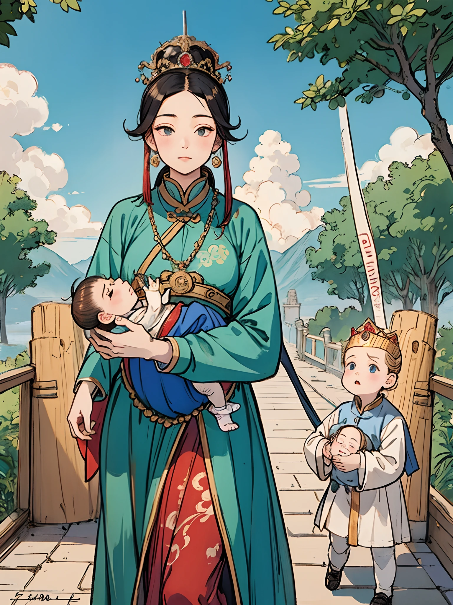 The beautiful 16-year-old Chinese queen holds a (baby prince:1.5) wearing shavings in her arms, Walking, Straight eyes, radiating a brilliant aura, Rosary handle, Crown Team, (Systemic: 2.0), Stand in the cloud, our lady