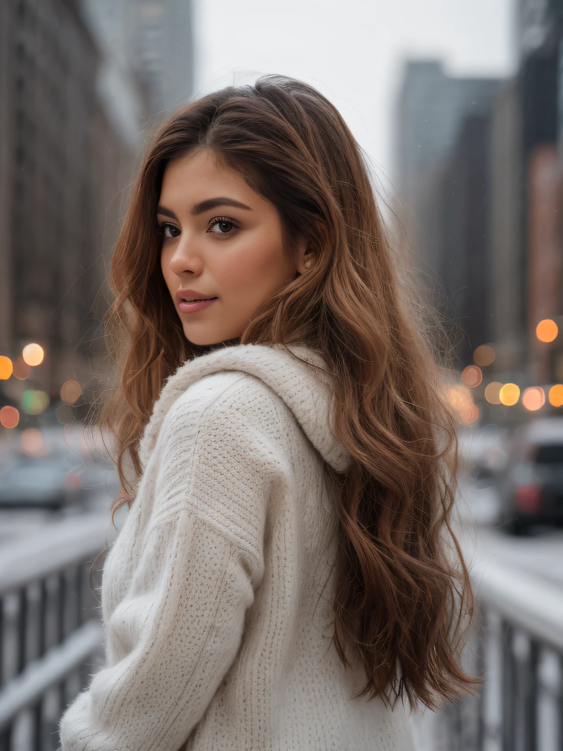 __hair color__, Latina woman, long hair, New York City background, winter, professional, 4K, HD, UHD, 8K, high detail, ultra definition