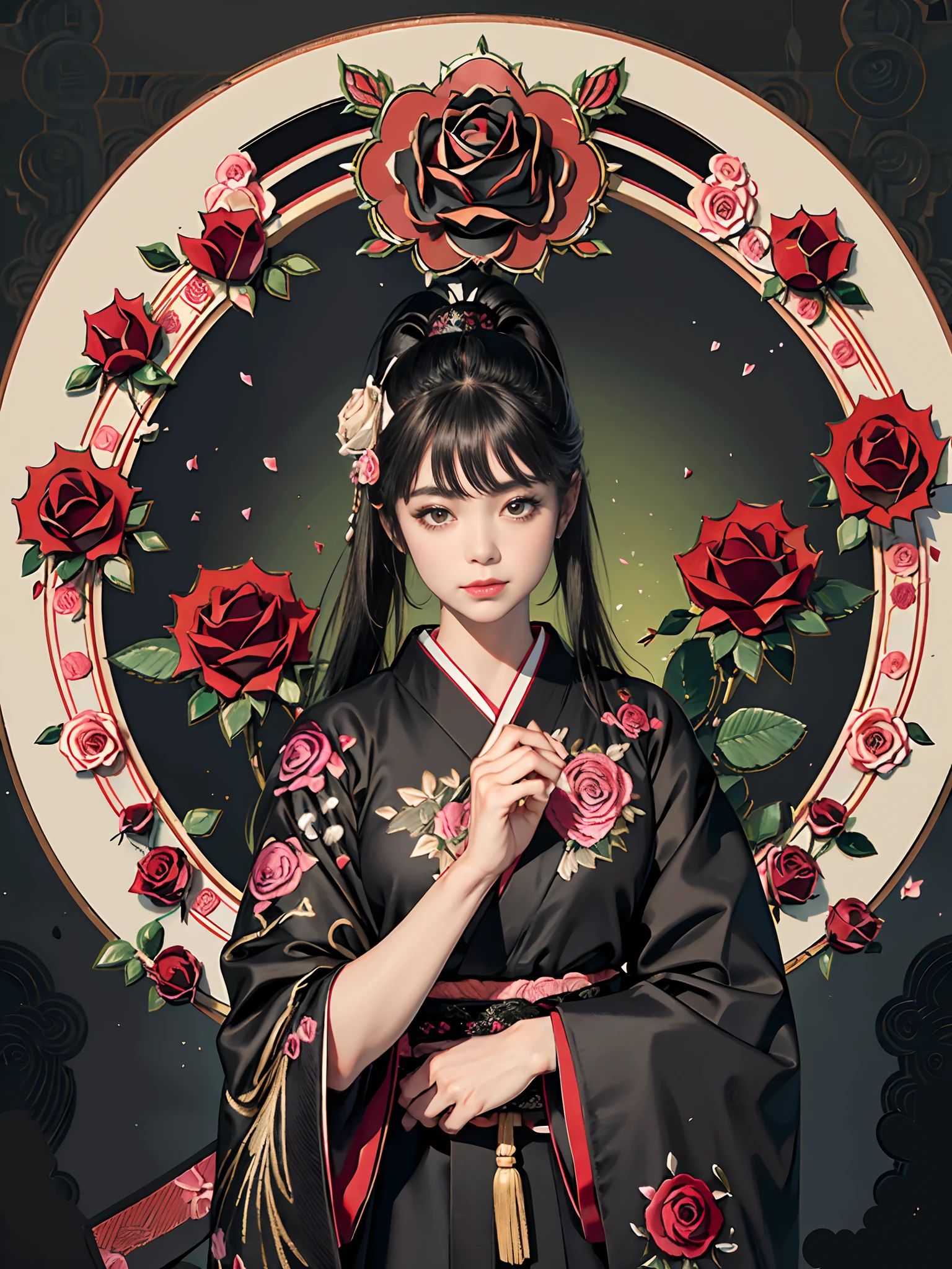 rokoko:1.5,Background of details(Japanese garden(Rose:1.5)),BREAK ,elaborate costume(Luxury kimono(Black kimono(detailed embroidery(Black rose embroidery:1.2)))),BREAK,1 Beautiful and classy adult woman(Japanese actressl:1.2)(shinny hair(A black,verdant),(poneyTail:1.2))(Arms outstretched),BREAK,Wallpapers 16K,Blur the background,(masutepiece:1.5), (Best Quality:1.5),(Portrait photos:1.5),(full body Esbian:1.5)