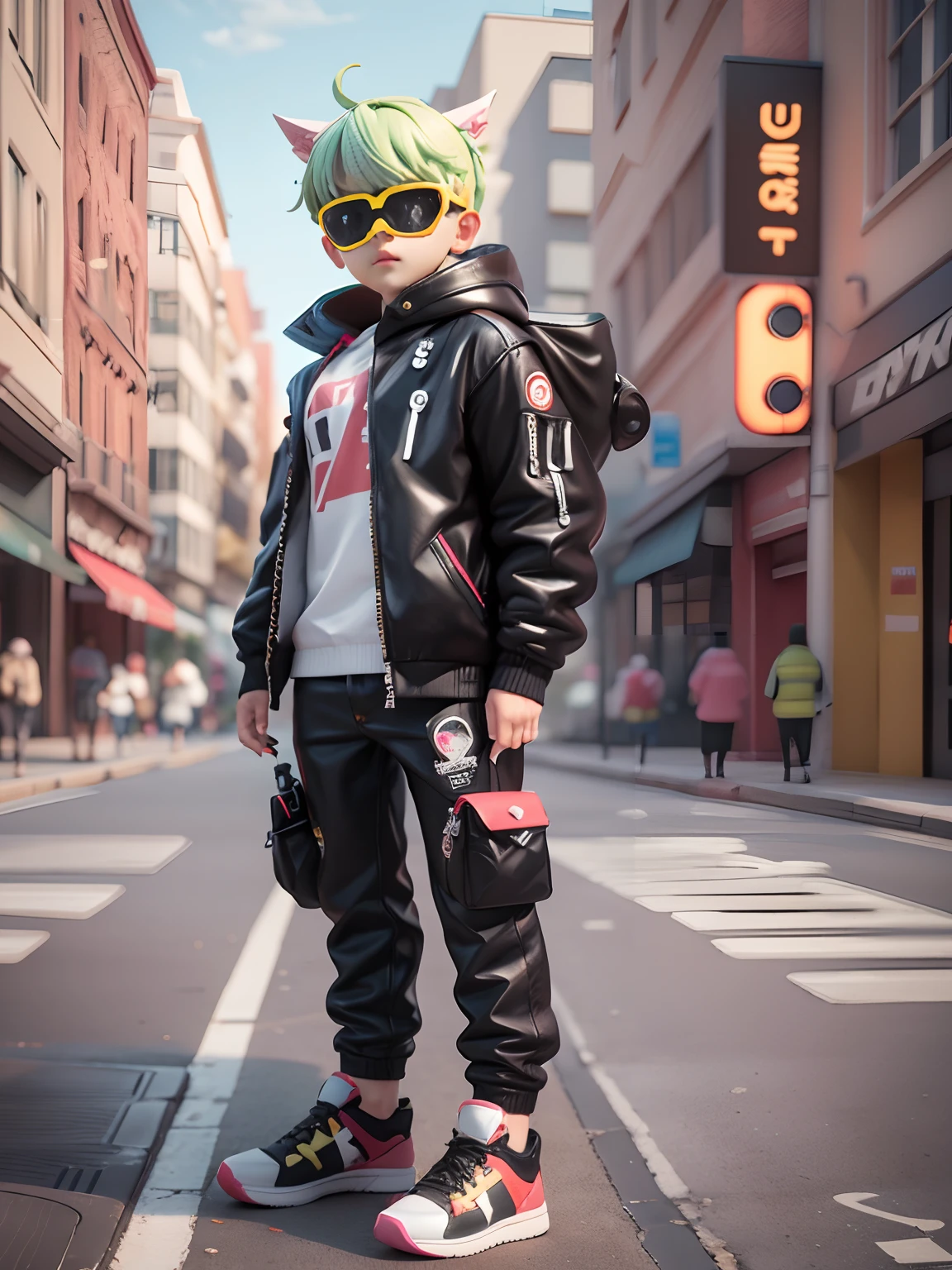 3D toy,3Drenderingof,ip,cyber punk style,tchibi,younge boy,masks,simple backgound,Best quality at best,c4d,blender,3 d model,toys,Vivid colors,Street style,A high resolution,A lot of detail,The color of the candy,fashionable and trendy,Cool handsome