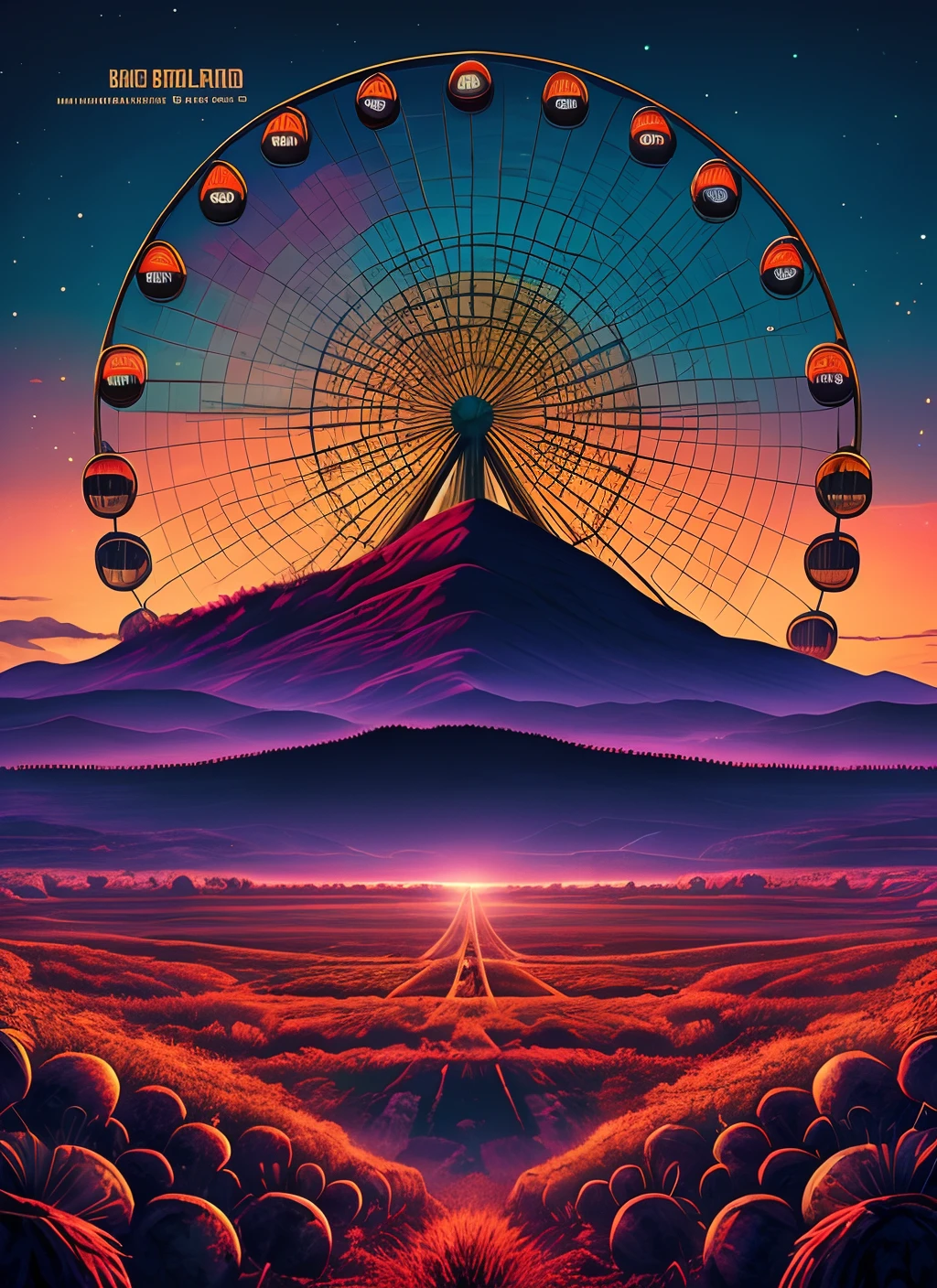 “Create an album cover with a YouTube thumbnail aspect ratio. The scene should feature an expansive, empty concert stage. The audience should be made up of skulls. In the background, depict a sprawling valley of dried bones with a towering ferris wheel. The sky should be rendered in a nearly realistic, almost nighttime setting.”