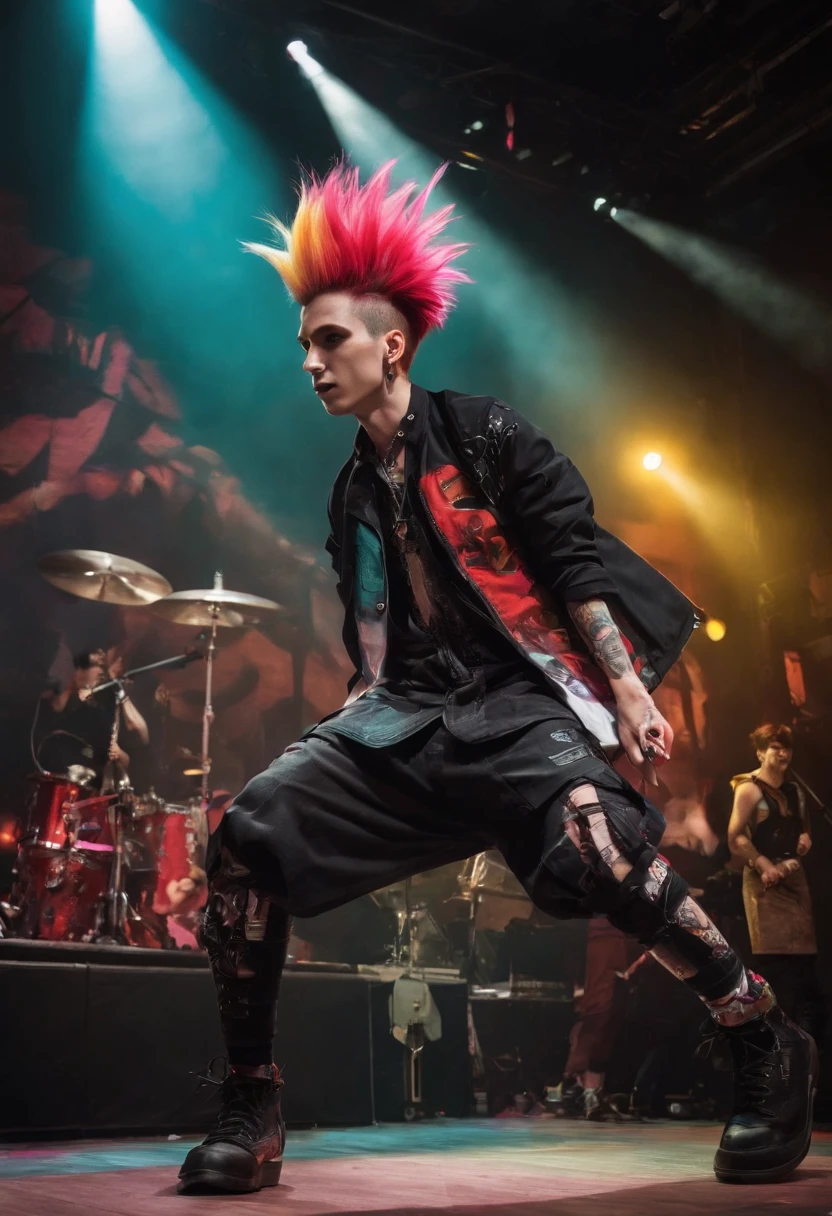 staged in a vibrant, electric atmosphere,funky cityscape in the backdrop, the crowd roaring and energetic,prominently displaying their dyed hair and tattooed bodies.I want Jokowidodo to be at the center of attention,his confident posture and engaging expression indicating his charismatic stage presence,rocking out on the guitar like there's no tomorrow.His band members, equally passionate,thrashing on their instruments with wild abandon,and the energetic fans in the front row, jumping and moshing to the beat.The stage lighting is intense, with vibrant strobe lights and eye-catching colorful spotlights illuminating the stage.Drenched in an punk punk spirit, the atmosphere is palpable with excitement, the music reverberating through the air.The color scheme is vivid and bold, using sharp contrasts to create a visually striking impact. The artist should aim for high detailed, photorealistic depiction,enabling every small nuance to be rendered with utmost precision and realism.