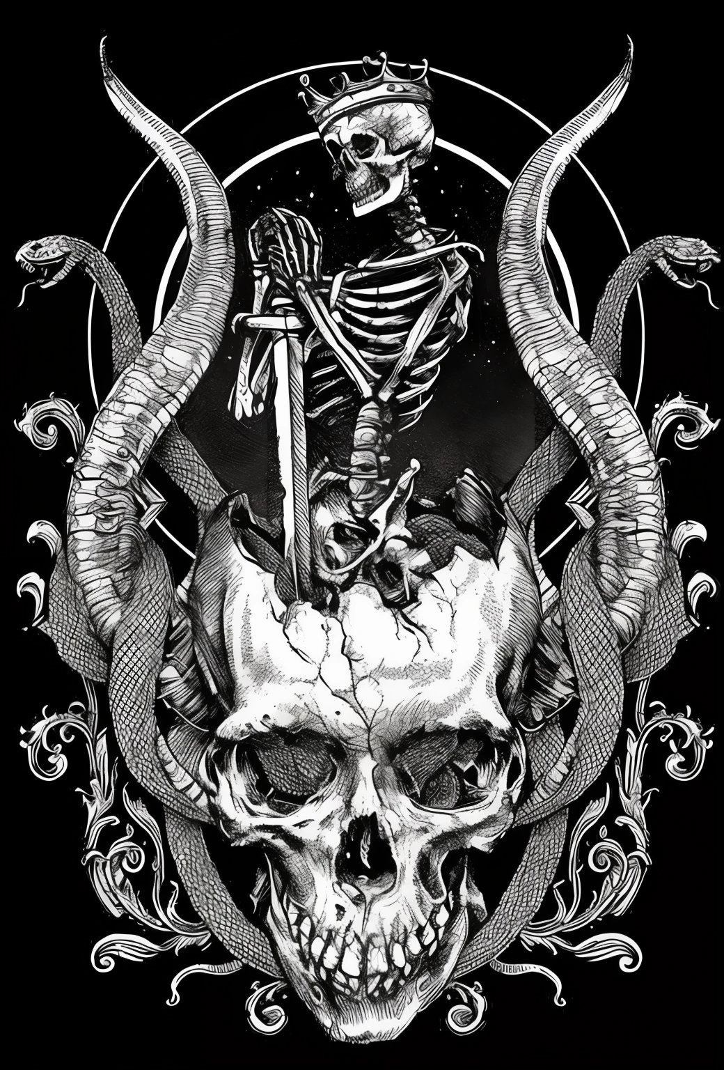 Skull with three horns on its head, a coiling serpent with its head showing and a crown on the skull's head on a pirate flag
