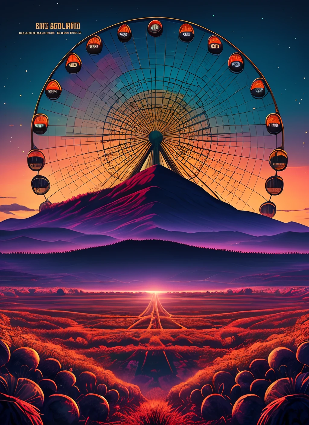 “Create an album cover with a YouTube thumbnail aspect ratio. The scene should feature an expansive, empty concert stage. The audience should be made up of skulls. In the background, depict a sprawling valley of dried bones with a towering ferris wheel. The sky should be rendered in a nearly realistic, almost nighttime setting.”