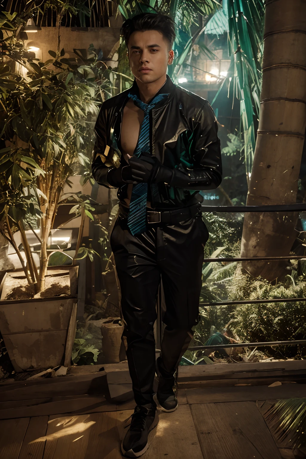 Change background cyberpunk handsome boy realistic face 8k ultra realistic masterpiece best quality big full moon, bamboo, pine trees, with vast sky