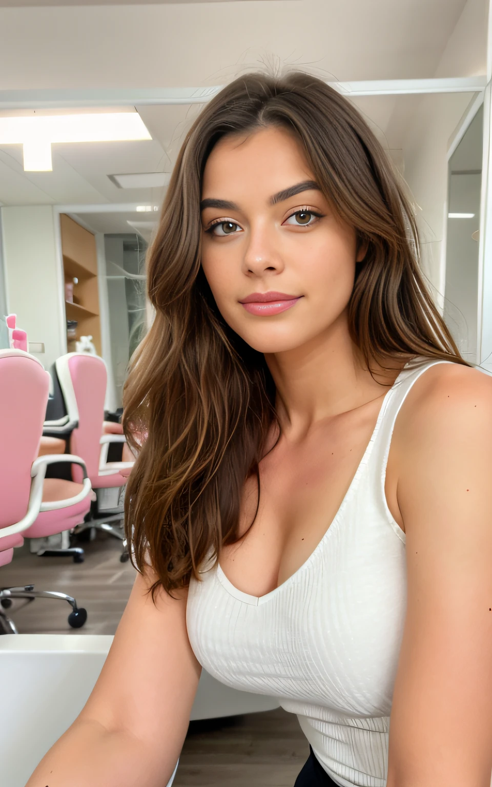 Belle brune portant un pull beige clair (Nail care in a modern beauty salon), Very detailed, 21 ans, visage innocent, natural wavy hair, yeux bleus, High resolution, Masterpiece, Best quality, Intricate details, highly detailed, mise au point nette, detailed skin, realistic skin texture, texture, detailled eyes, professionnel, 4K, sourire charmant, filmed on Canon, 85 mm, faible profondeur de champ, Couleur Kodak Vision, perfect fit body, Extremely detailed, Photorealistic Photography, Realstic, Post-traitement, maximum details, roughness, real life, ultra realist, photorealism, photographie, 8K UHD, photographie, travail, bureau