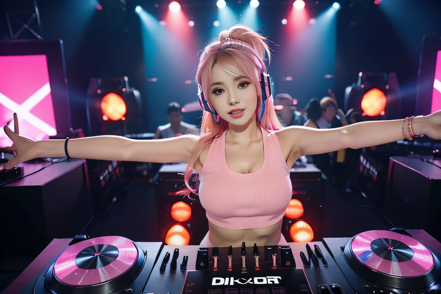 photo of mature bimbo (DJ:1.2) playing at a vibrant (music festival:1.2) with (energetic crowd:1.1) and (colorful stage lights:1.1), (her each hands on each discs), pink blonde side tail hair, wearing cropped colorful tank top, wearing large headphone