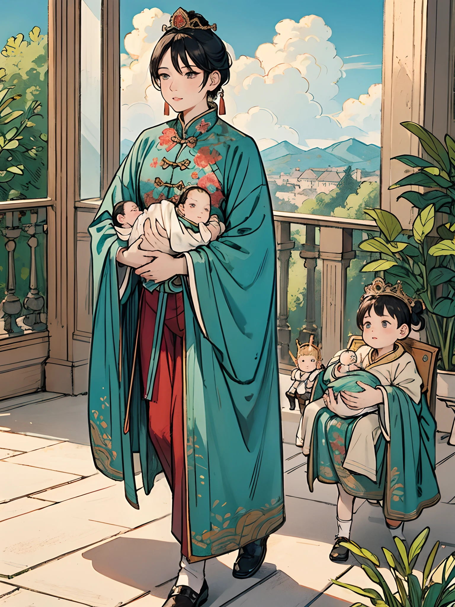 The beautiful 16-year-old Chinese queen holds a (baby prince:1.5) wearing shavings in her arms, Walking, Straight eyes, radiating a brilliant aura, Rosary handle, Crown Team, (Systemic: 2.0), Stand in the cloud, our lady