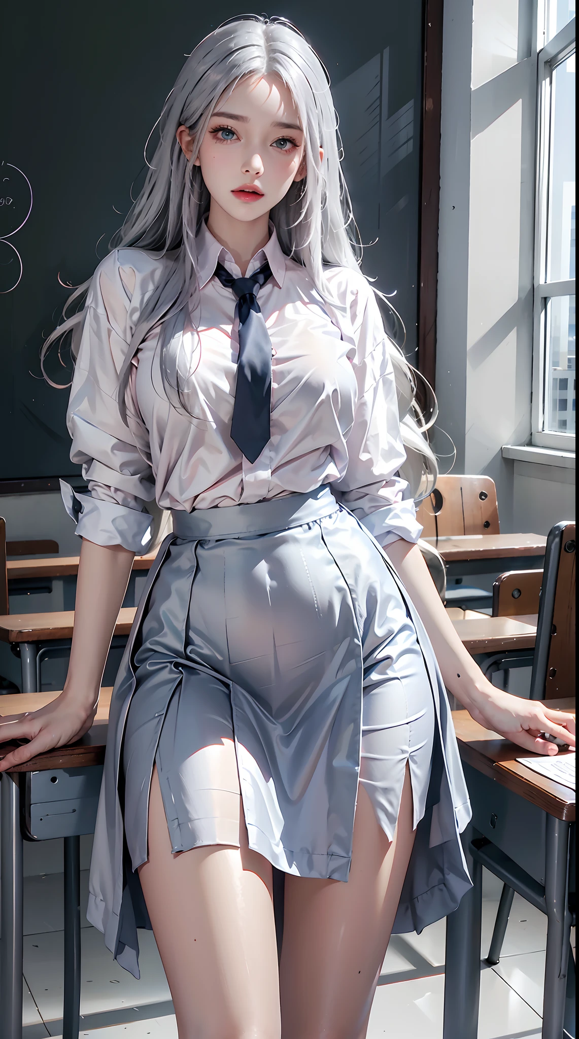 photorealistic, high resolution, 1women, shining skin, solo, tattoo, hips up, jewelry, pink lips, long silver hair, blue eyes, closed mouth, school uniform, shirt, skirt, classroom
