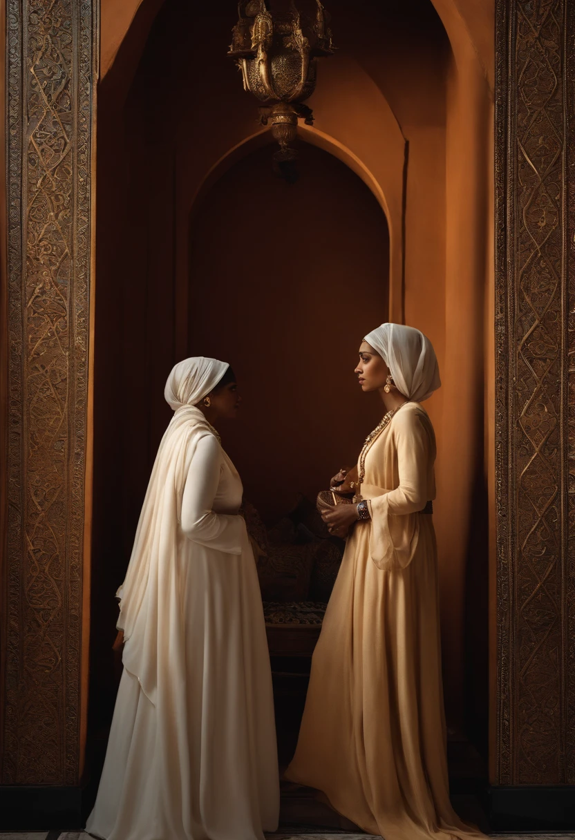 Por favor, Create a hyper-realistic photographic image of two women wearing Muslim clothing, com os cabelos cobertos, in a scene set at the time of the Roman Empire. Women are in the middle of a conversation, com semblantes radiantes de felicidade. Their gazes are directed towards each other, Conveying an emotional connection. The photography is extremely realistic, with specular illumination, volumetric facial light, and visible shadows. The picture is intricate, Elaborate and hyper-realistic, capturing the joy and interaction between the characters in a historical context. A cena evoca uma atmosfera de harmonia e amizade, inspired by the cultural richness of the time of the Roman Empire, Based on the biblical character [insira o nome da personagem, if applicable].