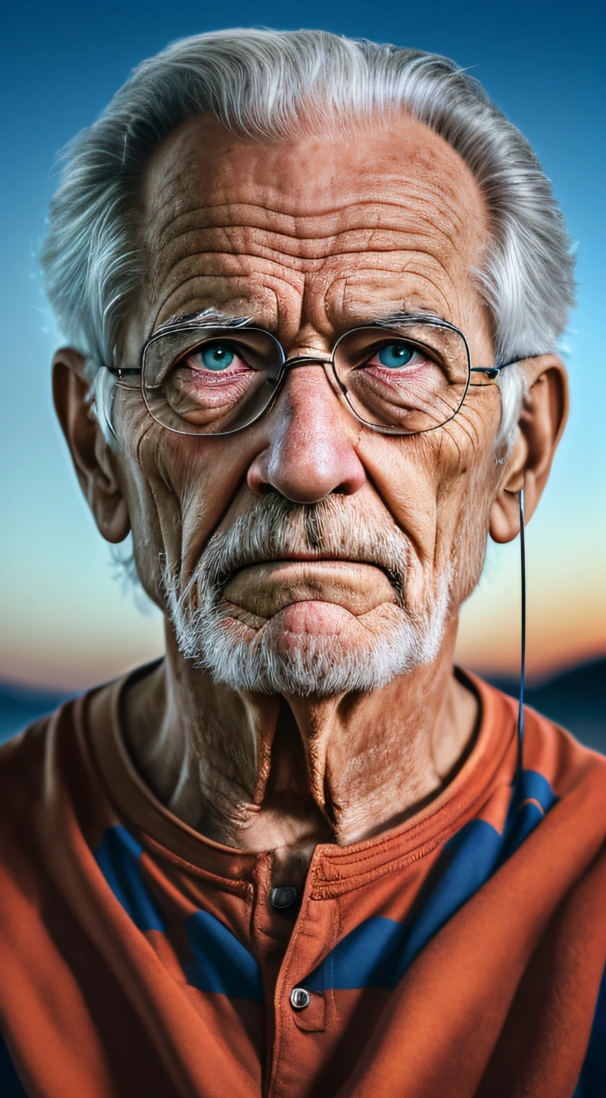 Ultra definition portrait of old man thinking about life before sunrise