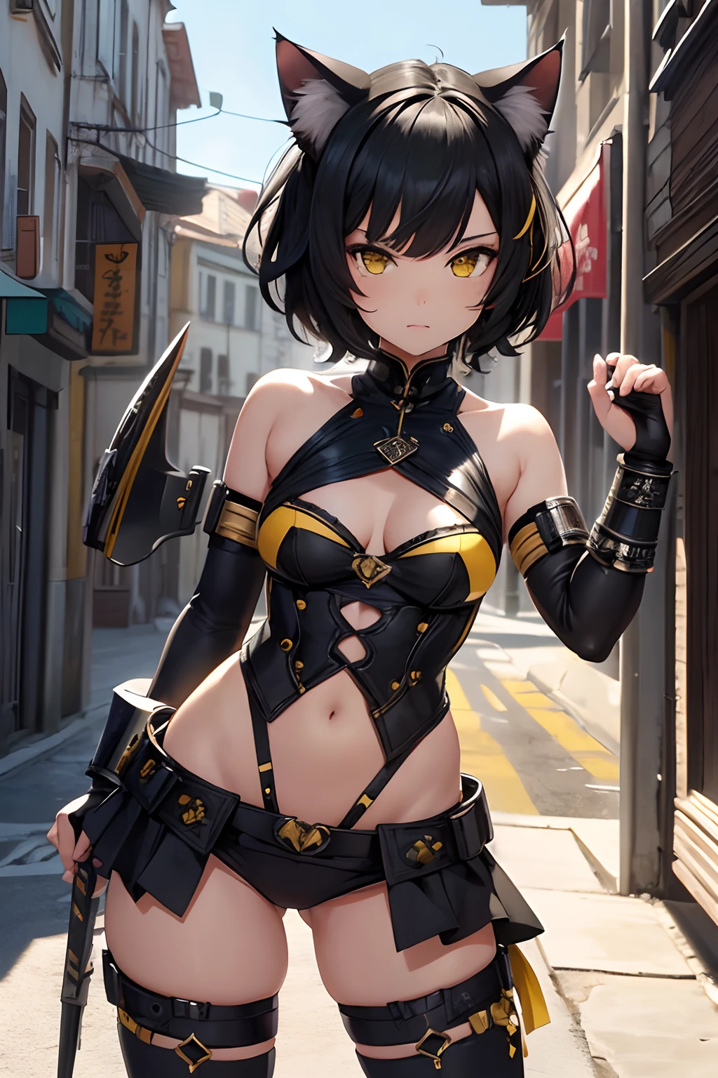 ((best quality)), (ultra-detailed),((extremely detailed)), black hair,short hair, cat ears, yellow bandeau,yellow micro spats ,single vambrace, claw weapon