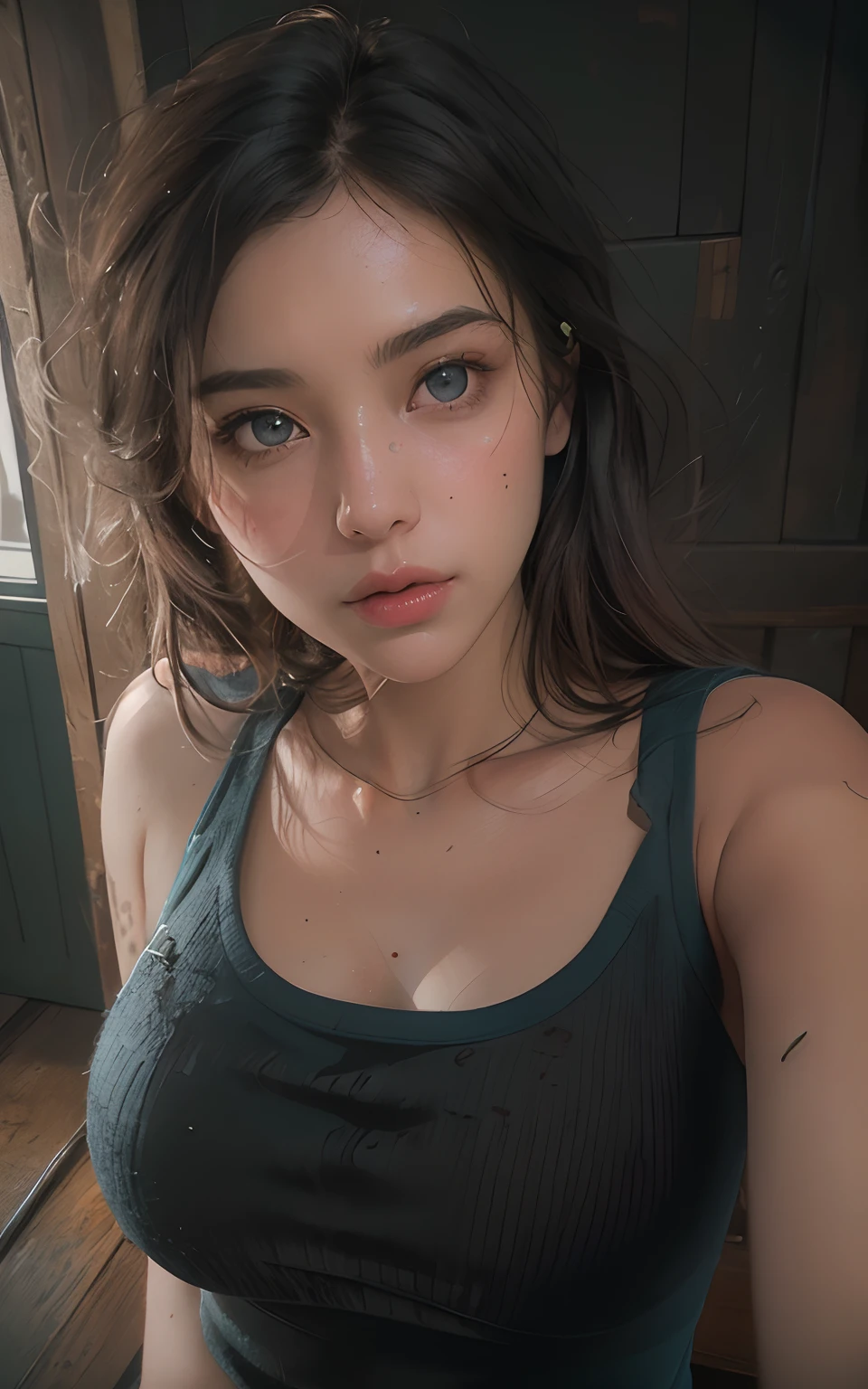 8K,Best quality, masterpiece, ultra high res, (photorealistic:1.4), raw photo, (Authentic skin texture:1.3), (film grain:1.3), (selfie angle),1girl,beautiful detailed eyes and face,masterpiece, best quality,upper boddy shot portrait, (gorgeous woman), black tanktop