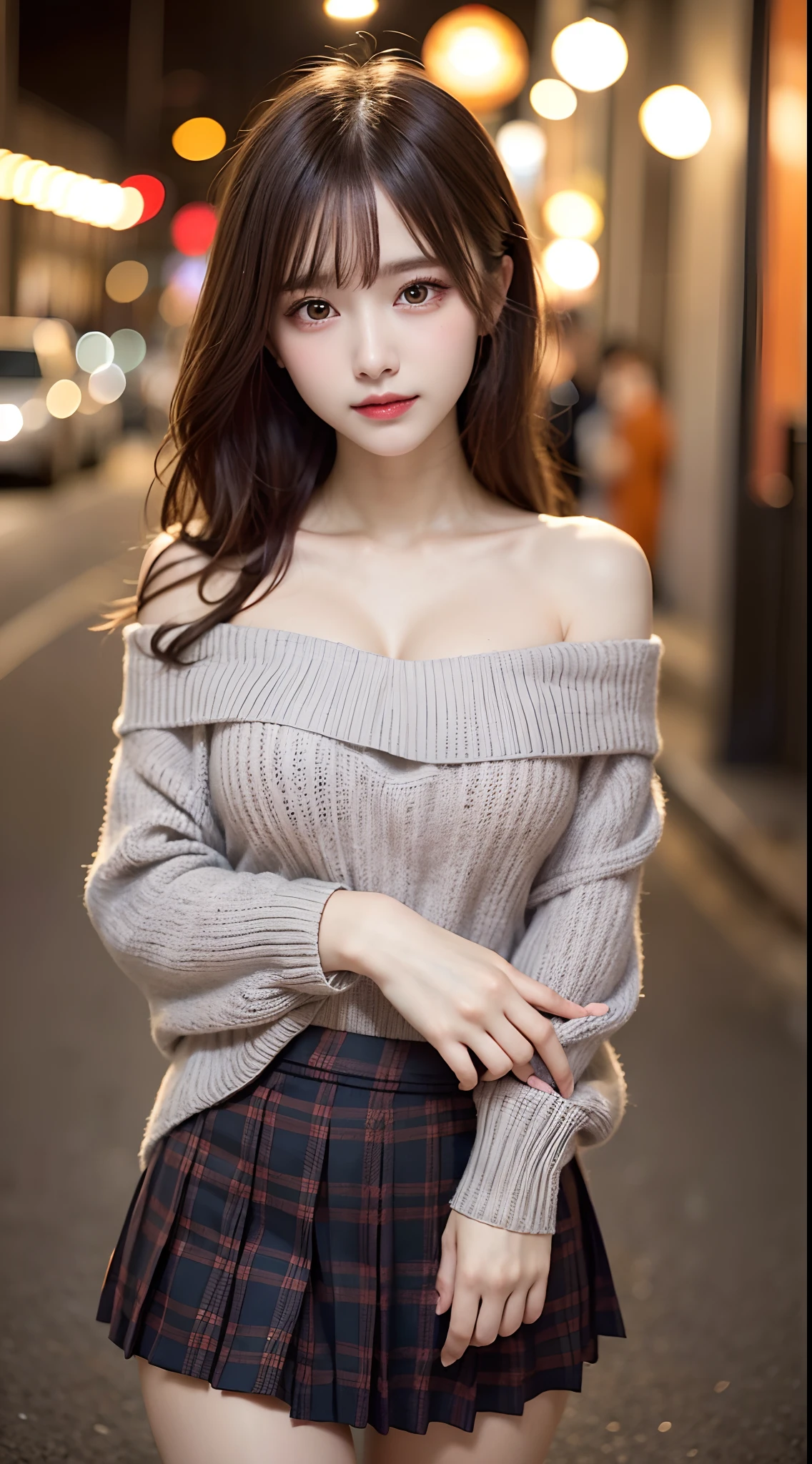 1 beautiful young girl, Super beautiful detailed face, shyly smile, medium breasts, Deep cleavage), (off-the-shoulder sweater, Oversized sweater:1.3), (Skirt lift), (skirt lift by yourself), (Flip up the skirt), (Grey Tartan Check Pleated Skirt Lift Yourself), (Lace panties, Show panties), (wind lift), Skirt blowing in the wind, lift up one's skirt, Semi-long hair, (Fine face:1.2), High quality, Realistic, extremely detailed CG unified 8k wallpaper, Highly detailed, High-definition raw color photos, Professional Photography, Realistic portrait, Cinematic Light, Beautiful detailed, Super Detail, high details, (((Bokeh))), depth of fields, illumination, Neon Street, Super stylish lighting, halloween night, Pumpkin Lantern