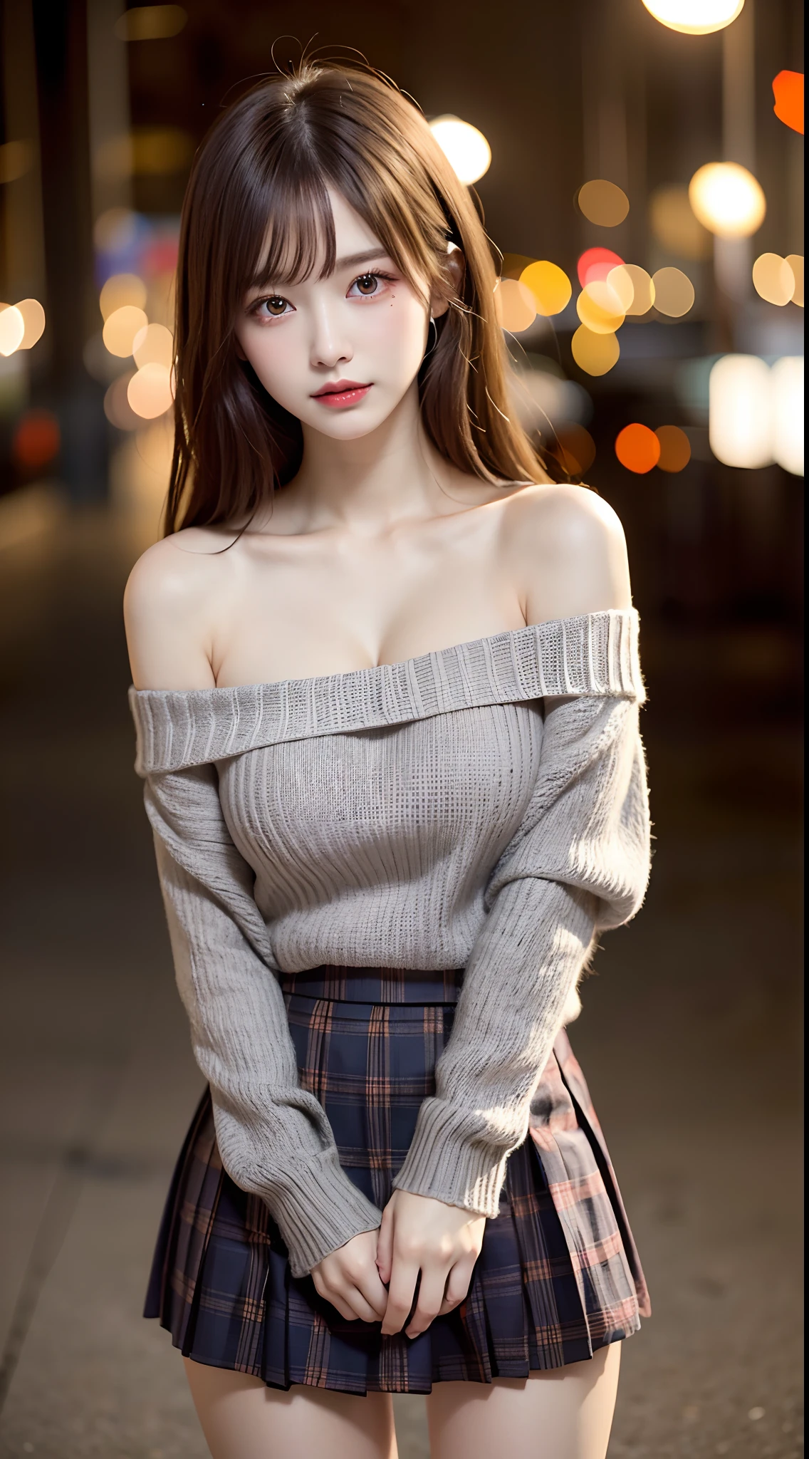 1 beautiful young girl, Super beautiful detailed face, shyly smile, medium breasts, Deep cleavage), (off-the-shoulder sweater, Oversized sweater:1.3), (Skirt lift), (skirt lift by yourself), (Flip up the skirt), (Grey Tartan Check Pleated Skirt Lift Yourself), (Lace panties, Show panties), (wind lift), Skirt blowing in the wind, lift up one's skirt, Semi-long hair, (Fine face:1.2), High quality, Realistic, extremely detailed CG unified 8k wallpaper, Highly detailed, High-definition raw color photos, Professional Photography, Realistic portrait, Cinematic Light, Beautiful detailed, Super Detail, high details, (((Bokeh))), depth of fields, illumination, Neon Street, Super stylish lighting, halloween night, Pumpkin Lantern