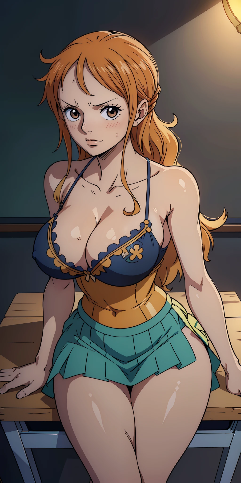 Hyper realistic super detailed sexy (Nami (One Piece)), NSFW, Very detailed, expressions faciales sexy, seductive facial expressions, [:(Face detail: 1.4): 0.4], 16K resolution, 4k resolution, dinamic lighting, High definition resolution, (hyper realistic: 1.4), (back light: 1.2), (Nuit: 1), (pleine hauteur: 1.8),(contrasting background: 1.5), (Anatomy of the hyperrealistic arm), (Hyperrealistic anatomy of the legs), (peau propre), (lighting cinematic: 1.7), (intime), (Technologie NVIDIA RTX Ray Tracing), (Anatomy of the hyperrealistic arm: 2), (Ventre plat parfait), (image couleur),Cute, (lovely), ((Sexy)), (Ero), ((Extremely detailed)), 4K, (8K), Best Quality, (Beautiful), Illustration, Anime style, Painting, absurderes、perfect anatomia、(Nami (One Piece))、bra very、Bra visible from clothes、Braline、breastsout、‎Classroom、cleavage of the breast、鎖骨、desk、From above、big breasts, length hair, on desk, pleatedskirt, School Desk, student clothes, The shirt, sitting on, Sitting on a desk, skirt by the, 独奏, thighs thighs thighs thighs, red blush,