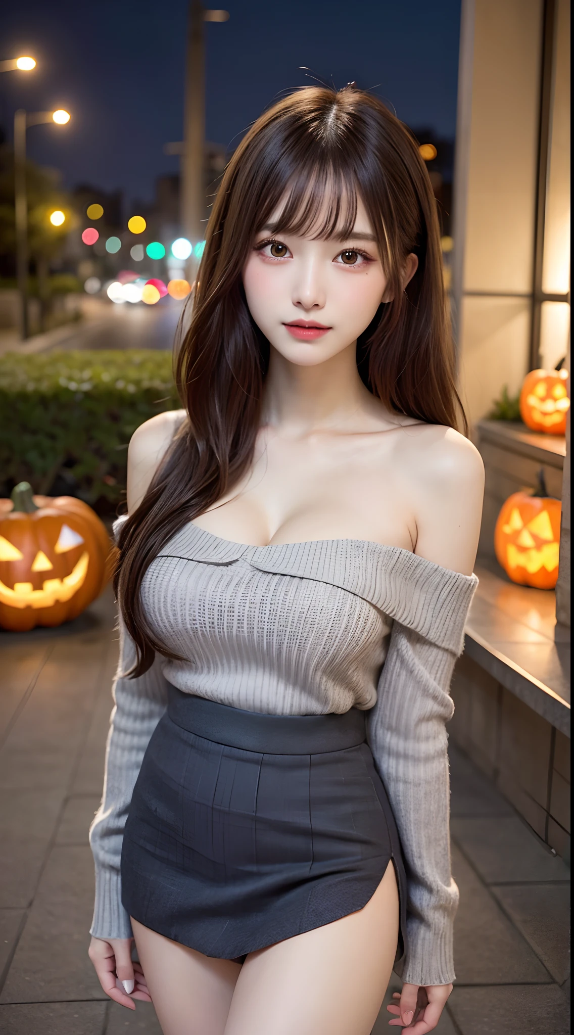 masterpiece、8K、32K、top-quality、(A cute Japanese woman:1.1)、detail portrayal、1 girl in、elegent、tits out、(Perforated Sweater Dress:1.3)、(Halloween:1.3)、An amusement park、cowboy shot、ssmile