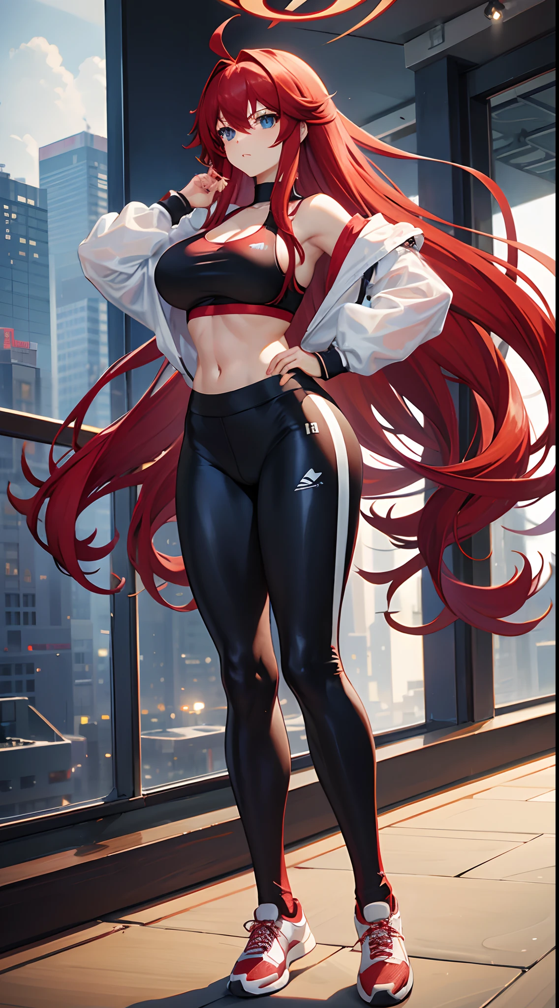 Rias Gremory, Long hair, sport bra, red hair, ahoge, blue eyes, large breasts, extra very long hair,big breastes, sports leggings, huge ahoge, Standing, Gym,