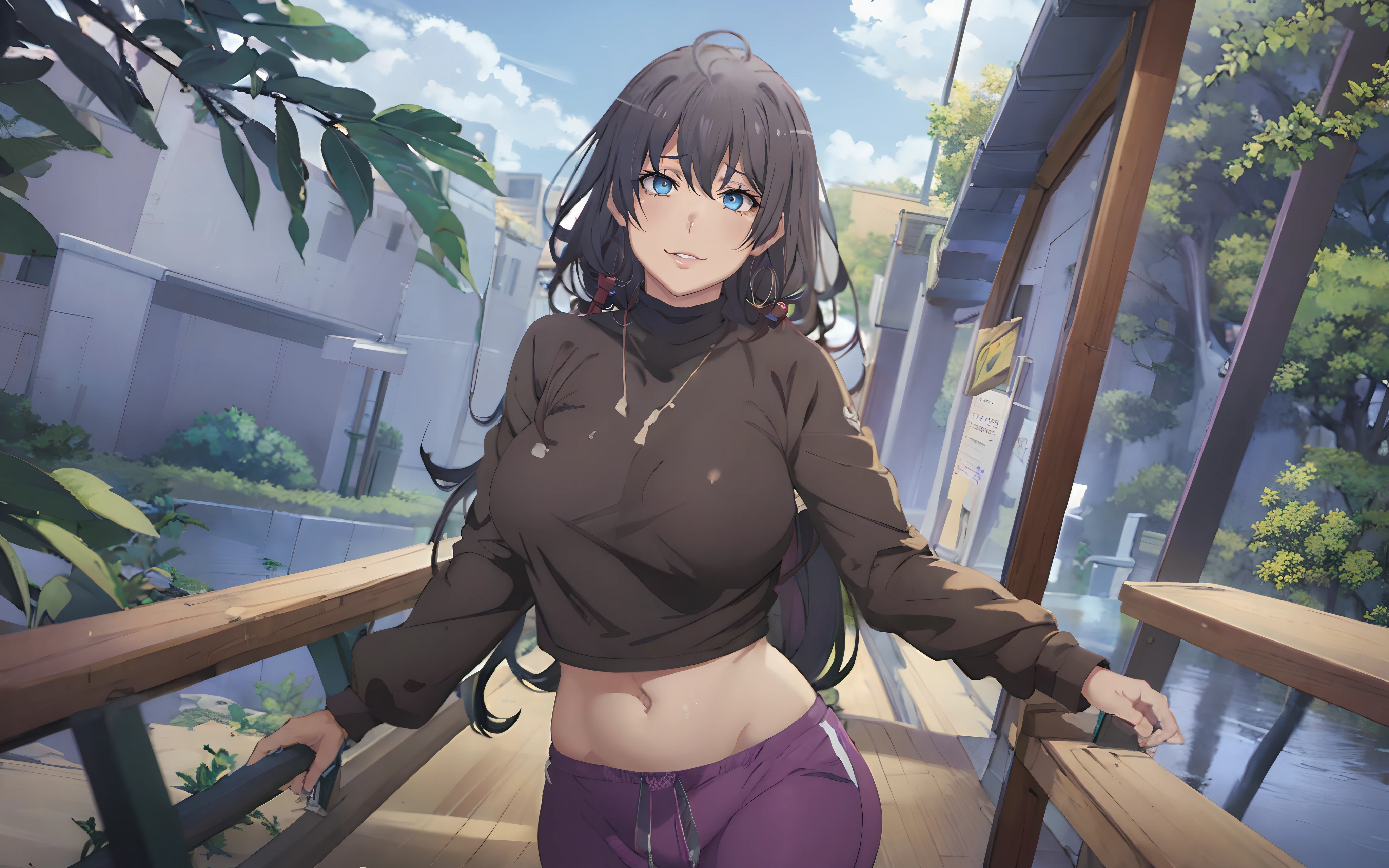 yukinoshita yukino, (long hair, black hair:1.6), blue eyes, heavy breathing, huge breasts, breast press, 1girl, navel, plant, midriff, solo, pants, looking_at_viewer, day, tree, sweat, long_sleeves, leaf, outdoors, potted_plant, railing, sky, standing,  blue_sky,  cowboy_shot, stomach, cloud, breasts, track_pants, bangs, earrings, black_shirt, groin, shirt, crop_top, cloudy_sky, building, wet_hair, drawstring, black_hair, glow effects, godrays, Hand drawn, render, 8k, octane render, cinema 4d, blender, dark, atmospheric 4k ultra detailed, cinematic, Sharp focus, big depth of field, Masterpiece, colors, 3d octane render, 4k, concept art, trending on artstation, hyperrealistic, Vivid colors, extremely detailed CG unity 8k wallpaper, trending on CGSociety, Intricate, High Detail, dramatic"", (anime coloring, anime screencap:1.4), nsfw art,