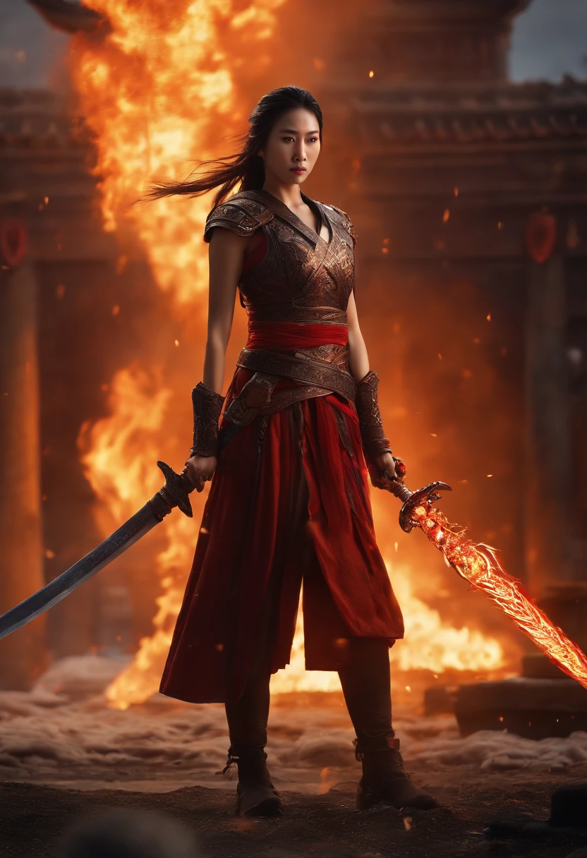 Best quality,masterpiece,ultra high res,(photorealistic:1.4),xiuxian,hyper-realistic fire effect,detailed face,
1girl,long sword,long hair,cleavage,high slit,(fiery aura:1.2),fire magic,beautiful girl,glowing eyes,full body,chinese architecture,heavy snow,combat,battlefield,blood-stained,heavy fighting in background