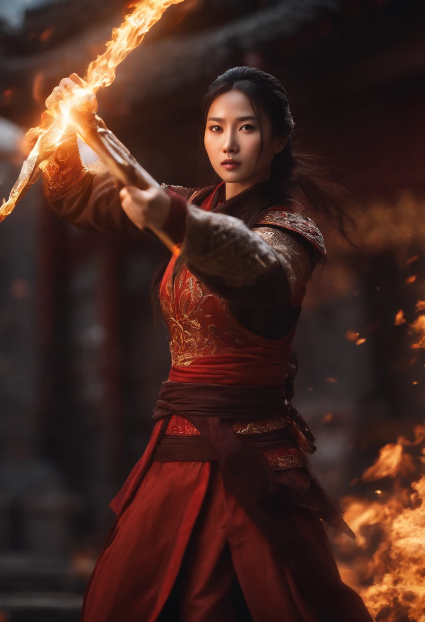 Best quality,masterpiece,ultra high res,(photorealistic:1.4),xiuxian,hyper-realistic fire effect,detailed face,
1girl,long sword,long hair,cleavage,high slit,(fiery aura:1.2),fire magic,beautiful girl,glowing eyes,full body,chinese architecture,heavy snow,combat,battlefield,blood-stained,heavy fighting in background