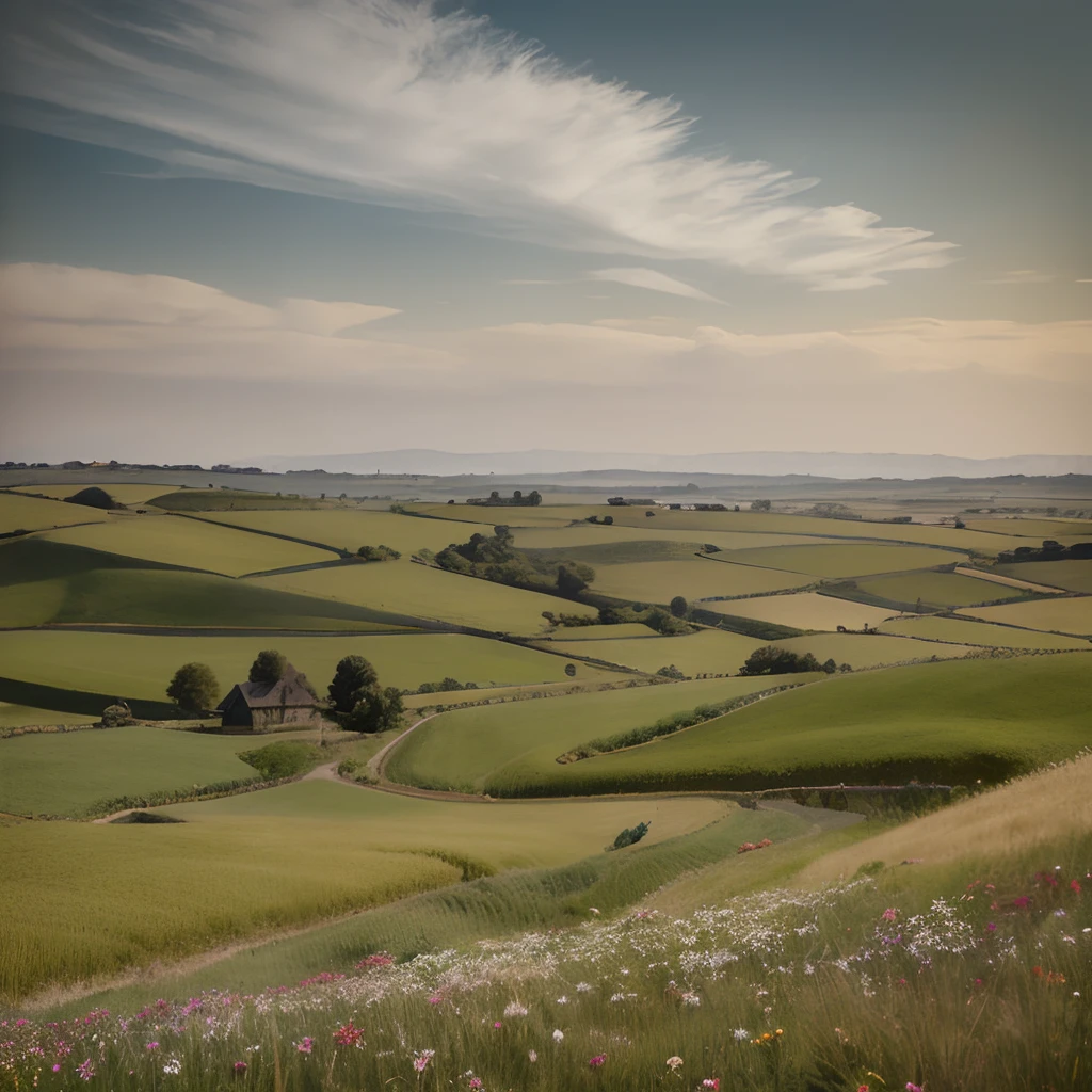 field with flowers, inspired by Pierre Pellegrini, Director: Tatsuyuki Tanaka, Medieval Polish landscape, wheat fields in bloom, distant village landscape, fields in the foreground, inspired by Matthias Jung, inspired by Ansel Adams, inspired by Chris Friel, inspired by Matthias Stom, medieval castle in a field of flowers