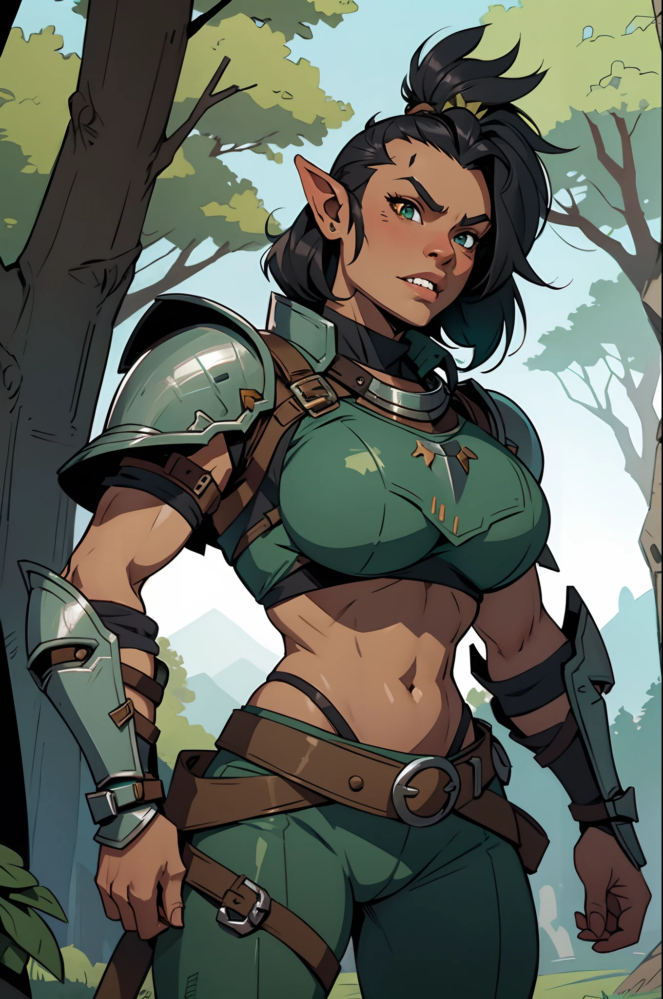 Solo, orc, girl, standing, black hair, muscular, tusks, mohawk, underbite, forest,, underboob, teeth, teal armor, steel armor, chestpiece, knight