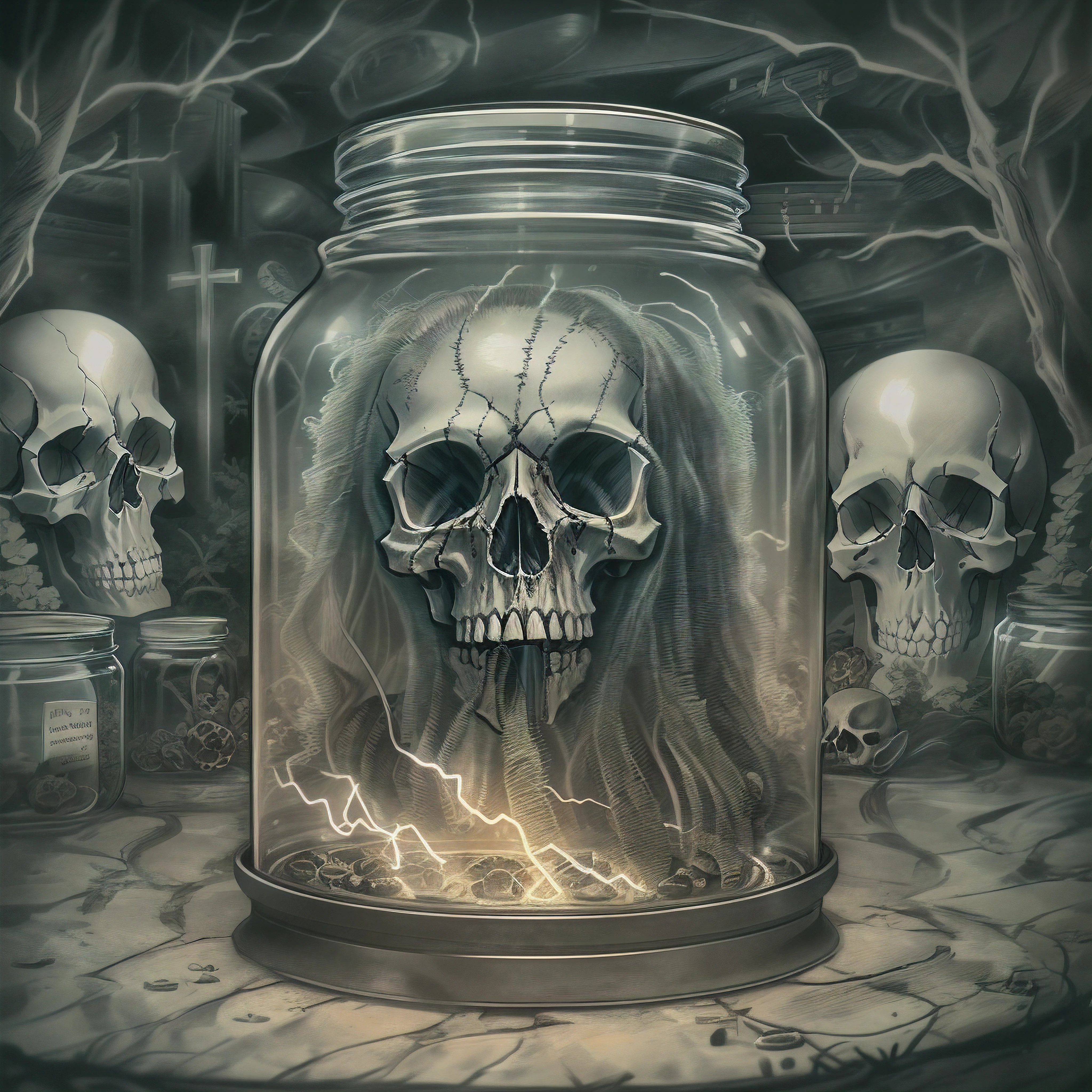 An old skull with long hair inside a glass jar surrounded by a cemetery and lightning, sinister ambience, extreme surrealism, hyper definition, 16k, ink design, centered