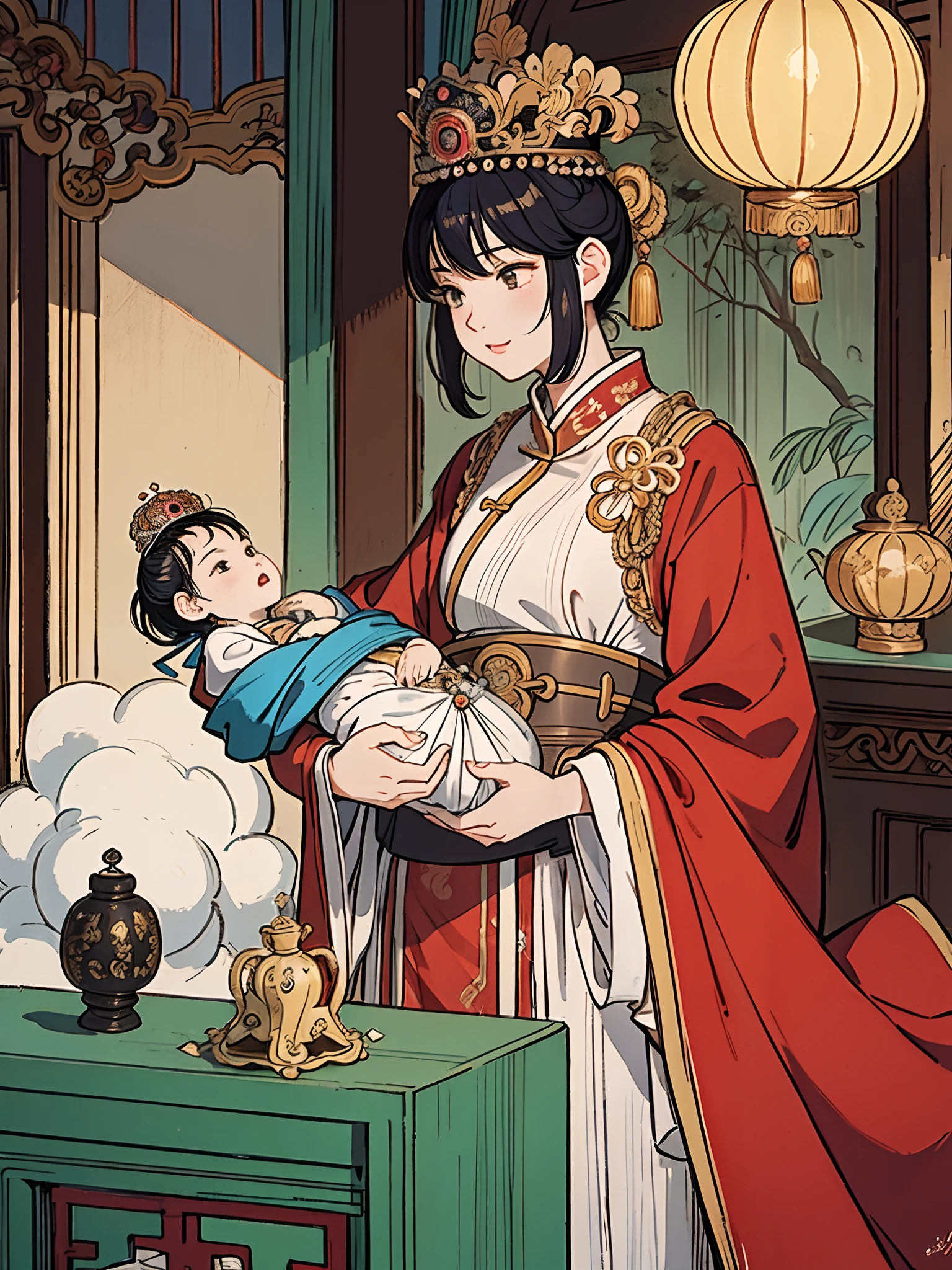 The beautiful 16-year-old Chinese queen holds a (baby prince:1.5) wearing shavings in her arms, Walking, Straight eyes, radiating a brilliant aura, Rosary handle, Crown Team, (Systemic: 2.0), Stand in the cloud, our lady