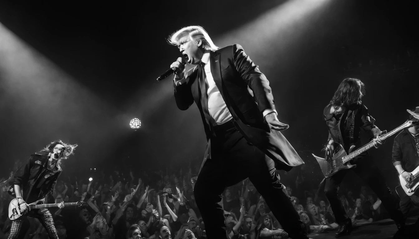 An artist's rendering of a concert featuring the former president, Donald Trump wearing ban tsirt,and short oants ,snikers, as the lead vocalist of a metal band in a mosh pit. The scene is captured in a black and white photograph with high resolution at 8k. The image showcases the intensity and energy of the concert, with the crowd passionately moshing and headbanging to the heavy metal music. The stage is set in a dimly lit venue, with dramatic shadows adding to the atmosphere. The band members are dressed in edgy and rebellious attire, with Donald Trump as the focal point in the center stage, belting out powerful and energetic vocals. The audience is fully engaged, showing various expressions of excitement and intensity. The black and white aesthetic adds a touch of timeless and raw emotion to the composition, highlighting the raw power of the music.