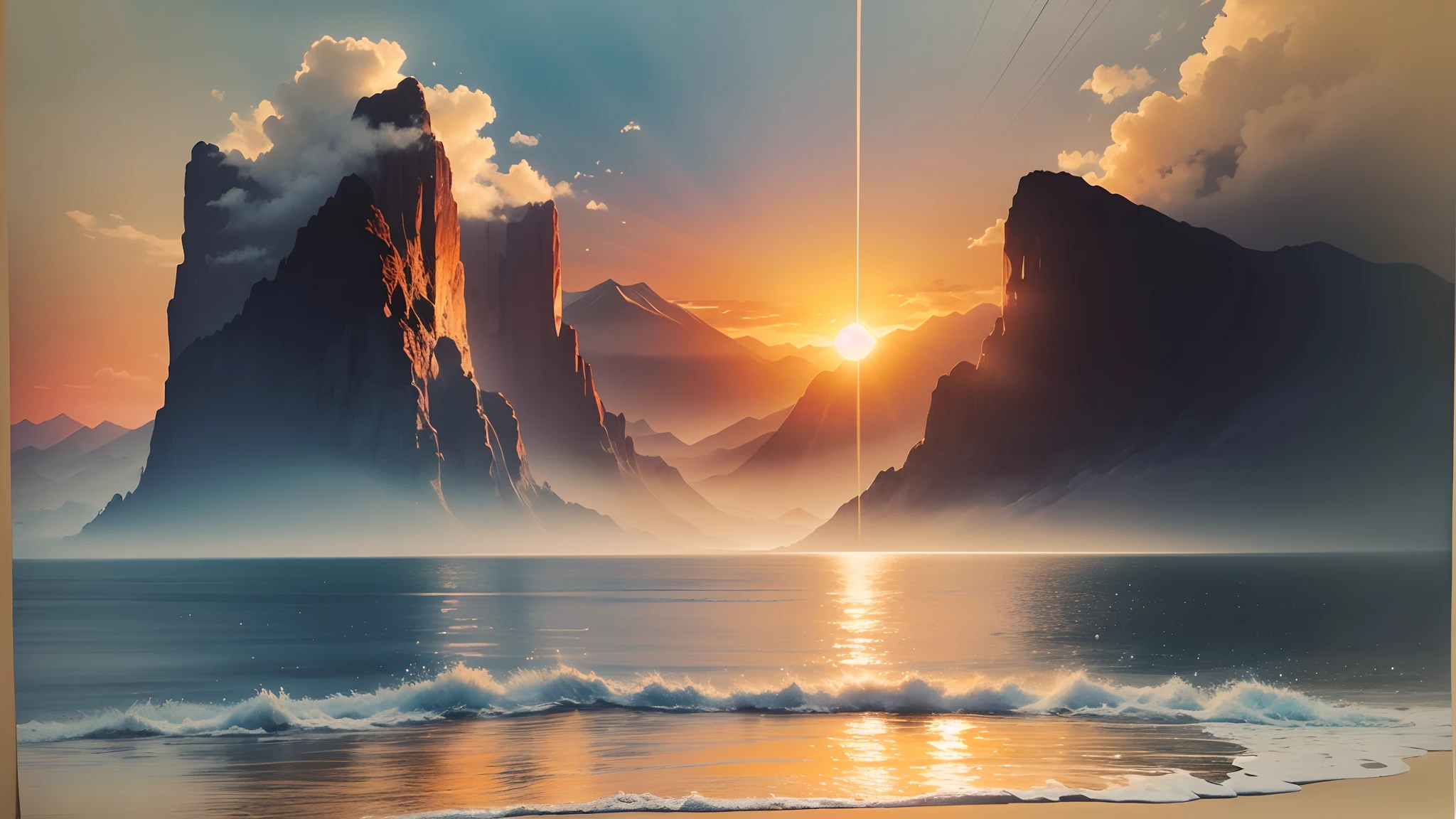 Every dawn is a new chance to make a difference. Make the most of this day and make it happen!, A vibrant sunrise over a calm ocean, reflecting the golden and orange colors, mountains in the distance creating a majestic silhouette, Feeling of peace and renewal, Painting, watercolor on paper, --auto --s2